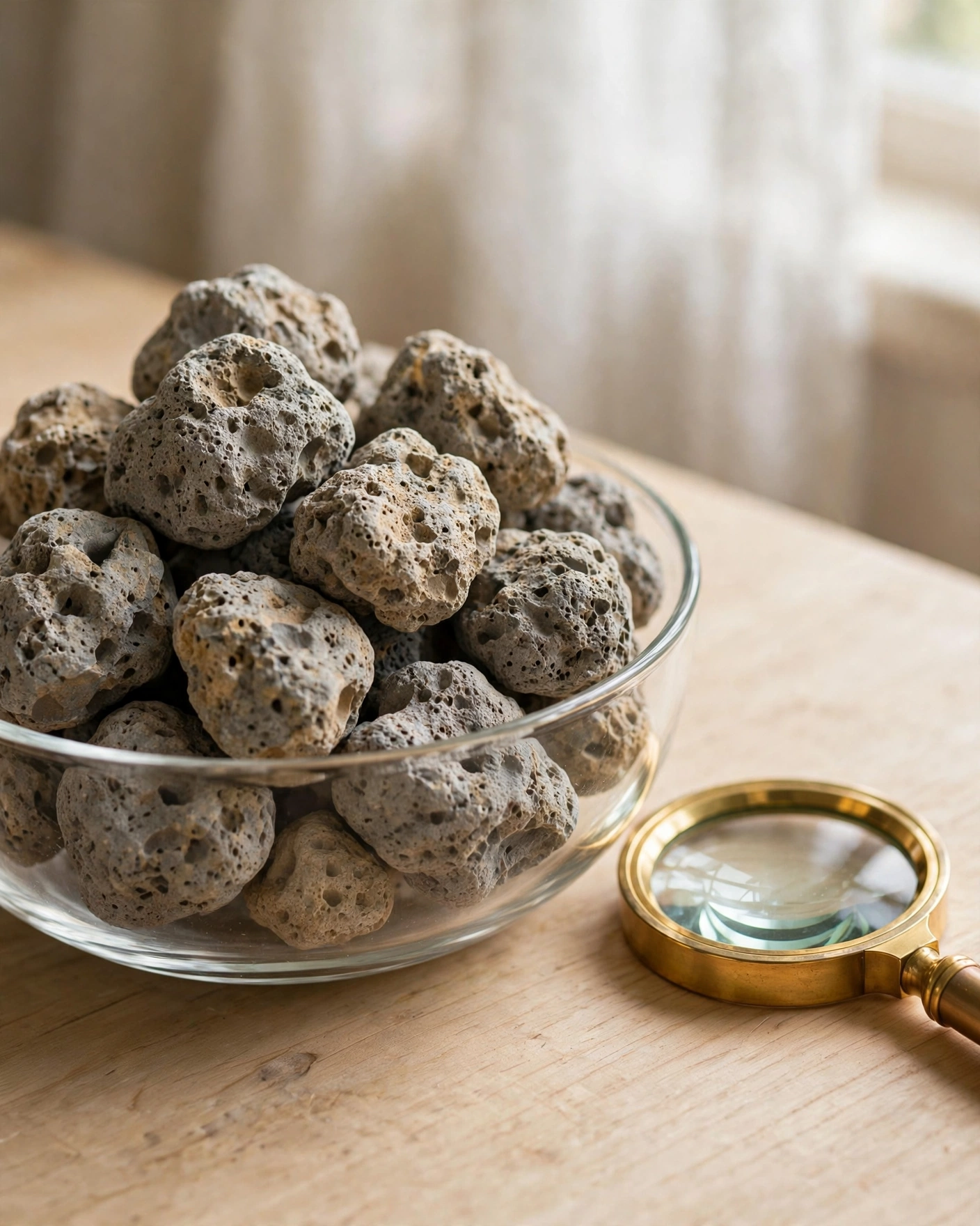 Natural mineral stones in a glass bowl beside a brass magnifying glass