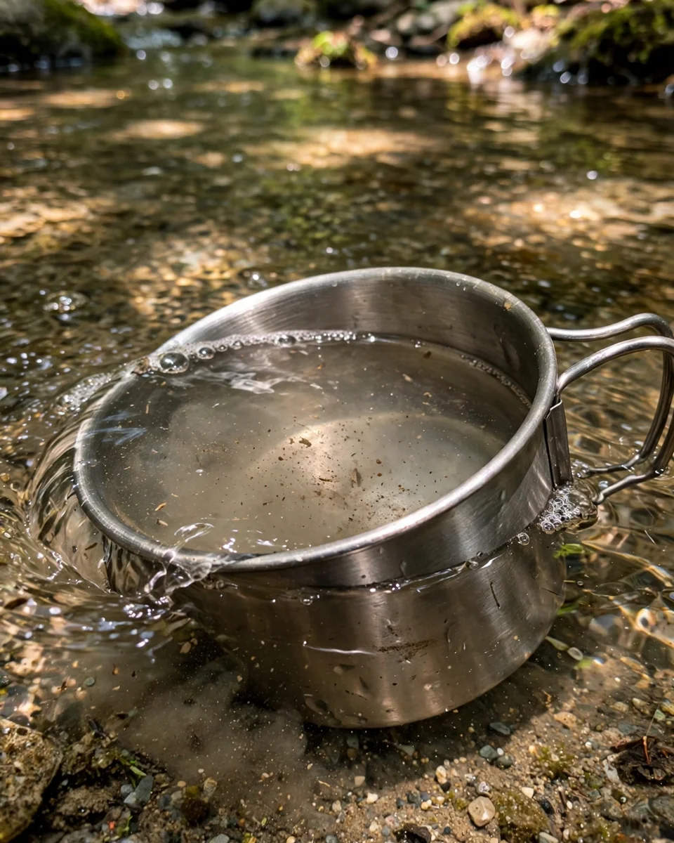 Metal camping cup scooping slightly cloudy water from a shallow rocky forest stream