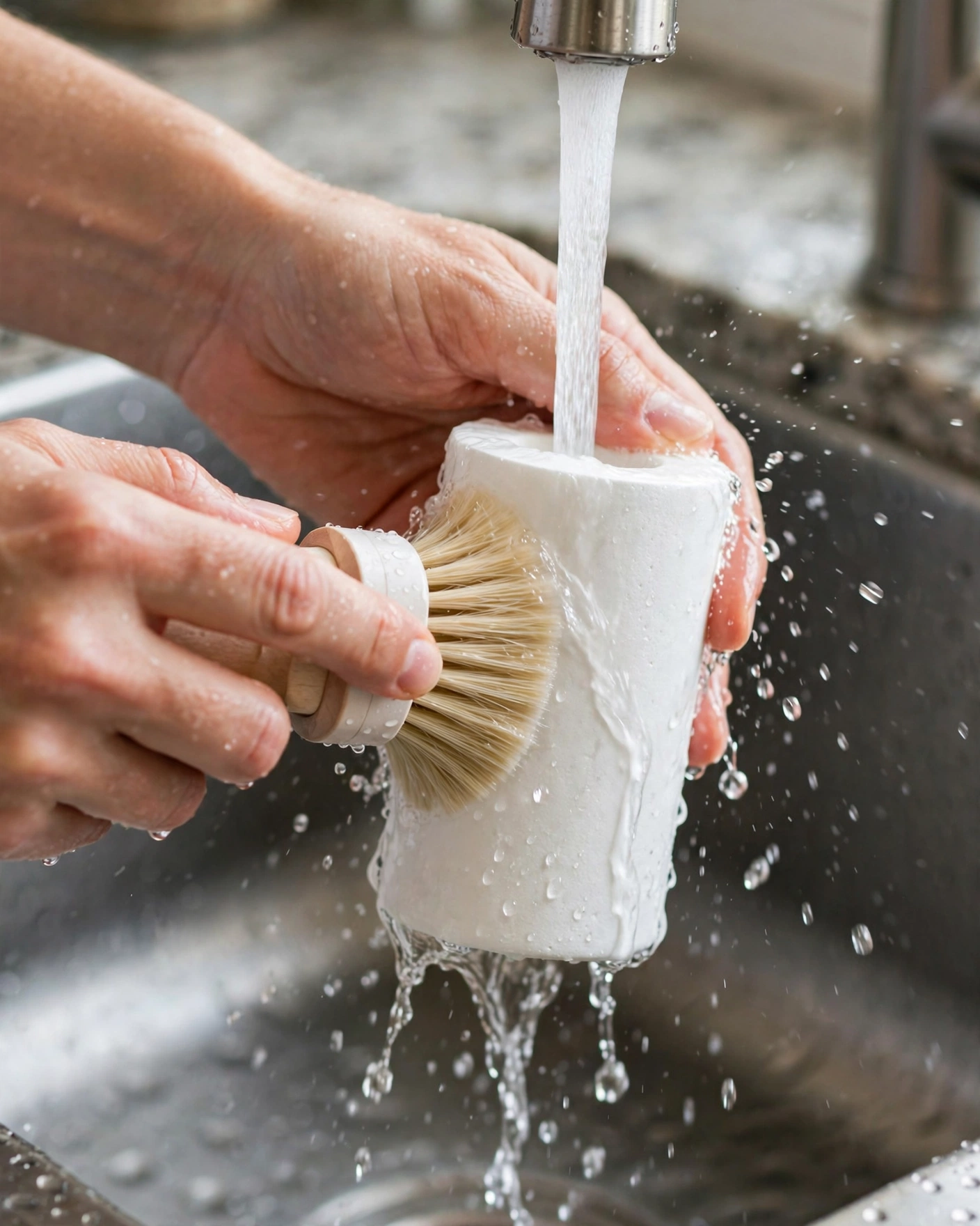 Hands gently scrubbing a white ceramic gravity filter element over a bucket of water