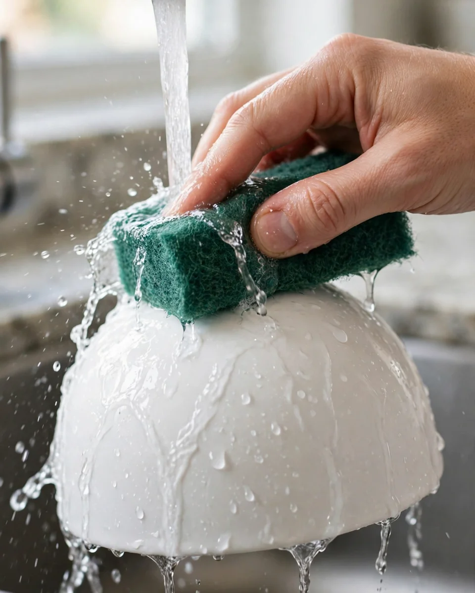 Scrubbing a white ceramic filter element with a scouring pad under running water — the flow-restoring clean