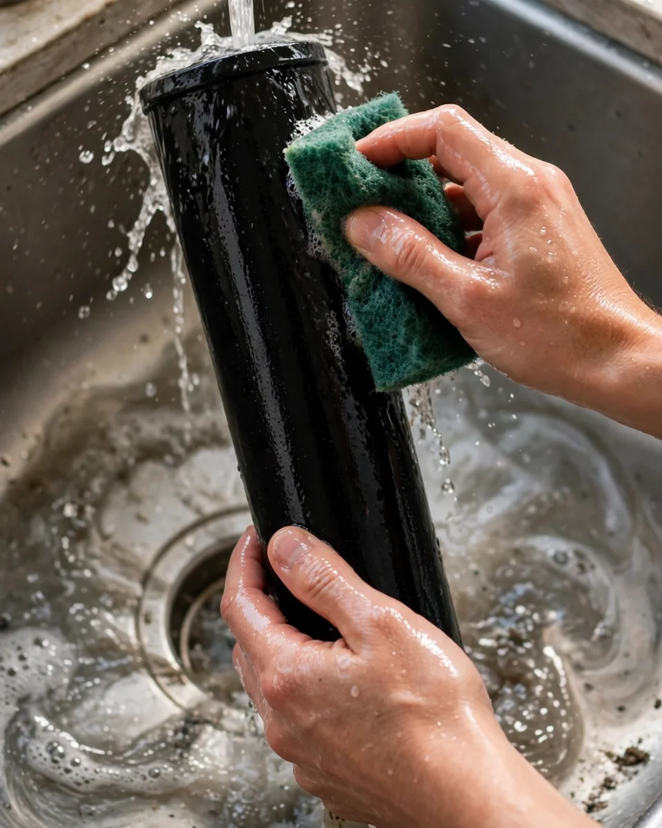 Scrubbing a black filter element with a green scouring pad under running water — the manufacturer-approved way to restore flow