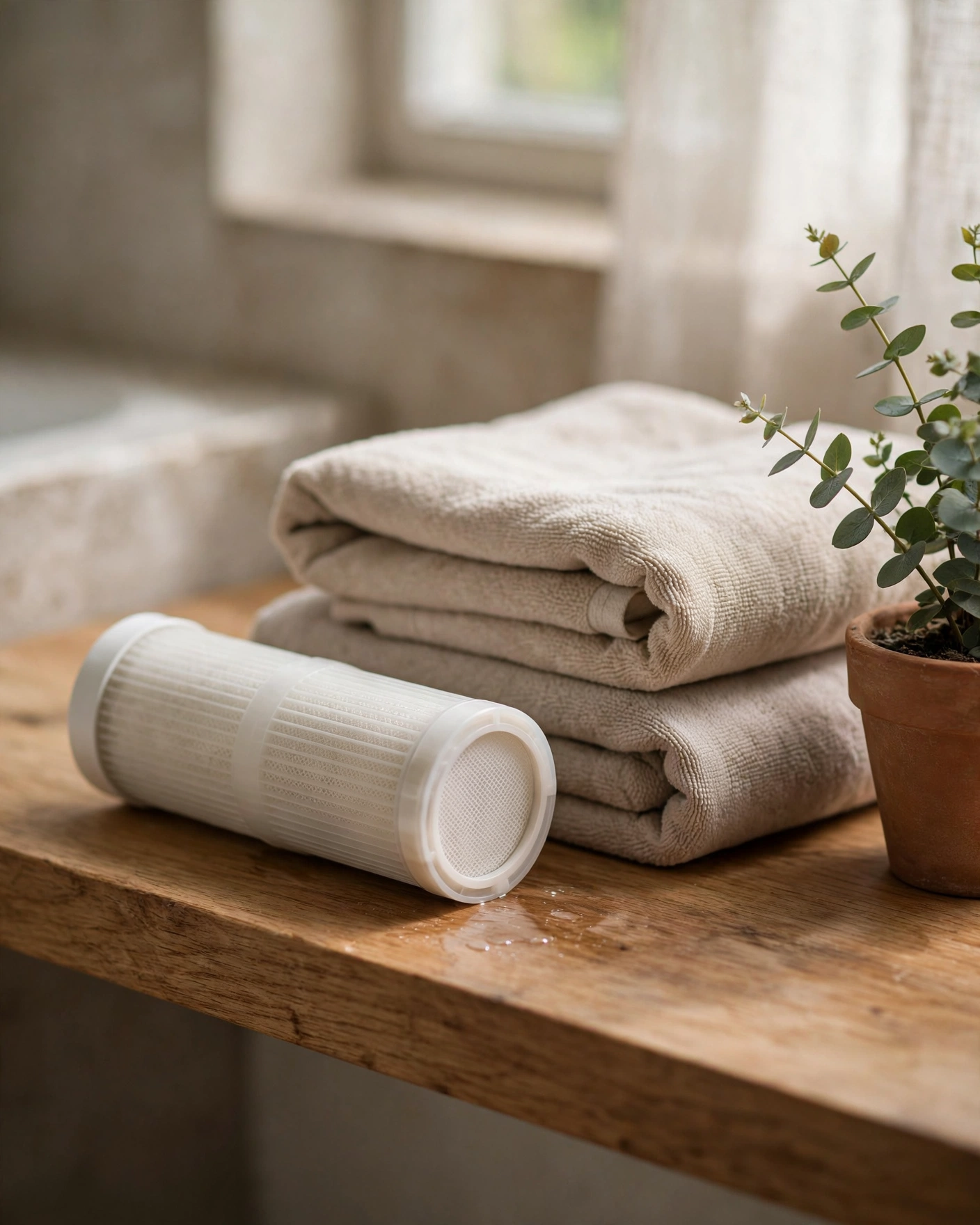 A replacement shower filter cartridge resting on a bathroom shelf next to folded towels
