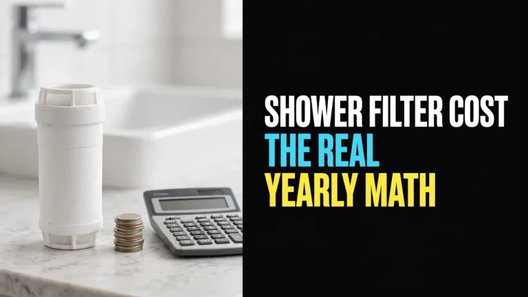 Shower filter cost — replacement cartridge, coins and calculator on a bathroom counter, headline Shower Filter Cost: The Real Yearly Math