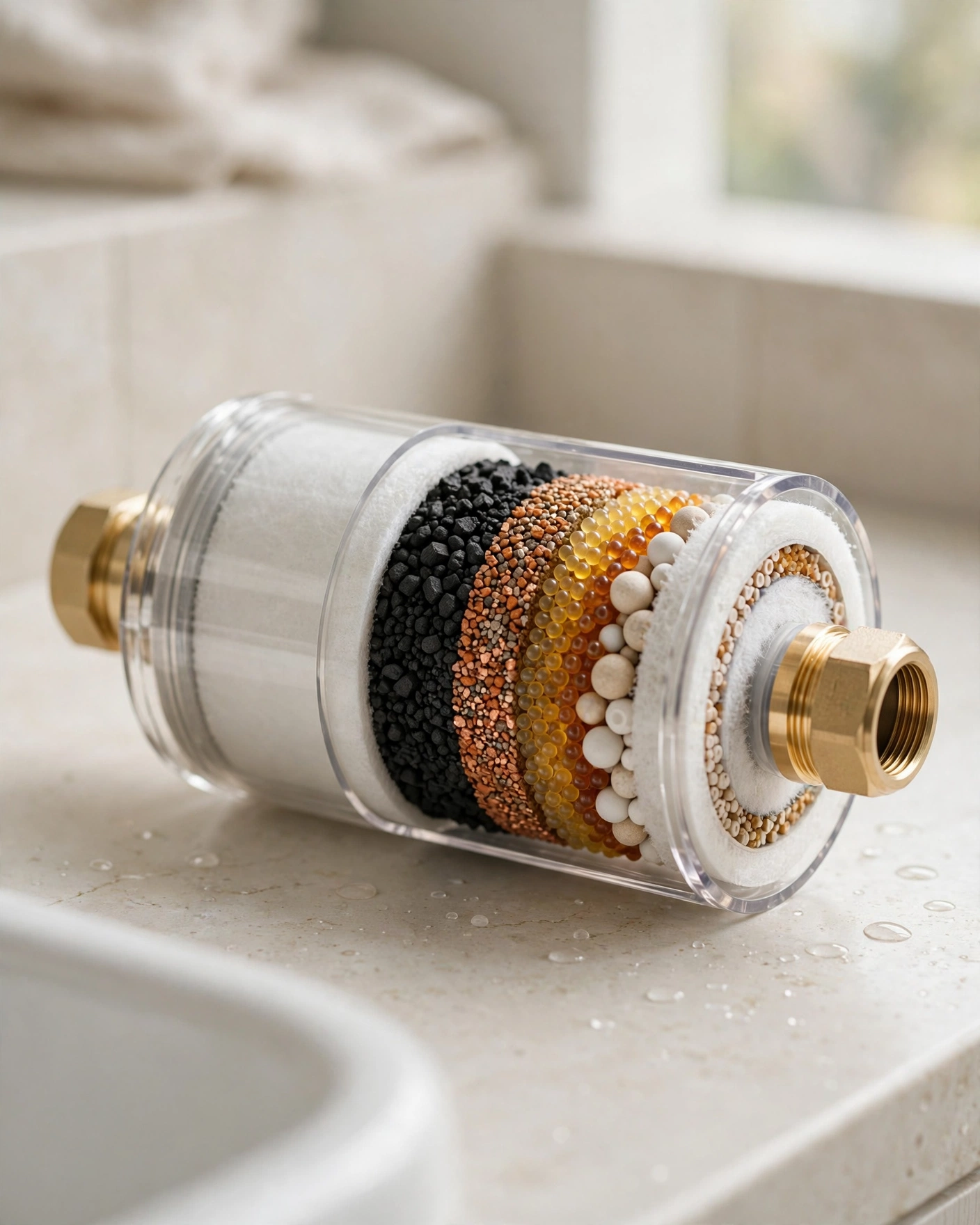 An inline shower filter cartridge shown in cutaway style, layered filtration media visible inside the housing