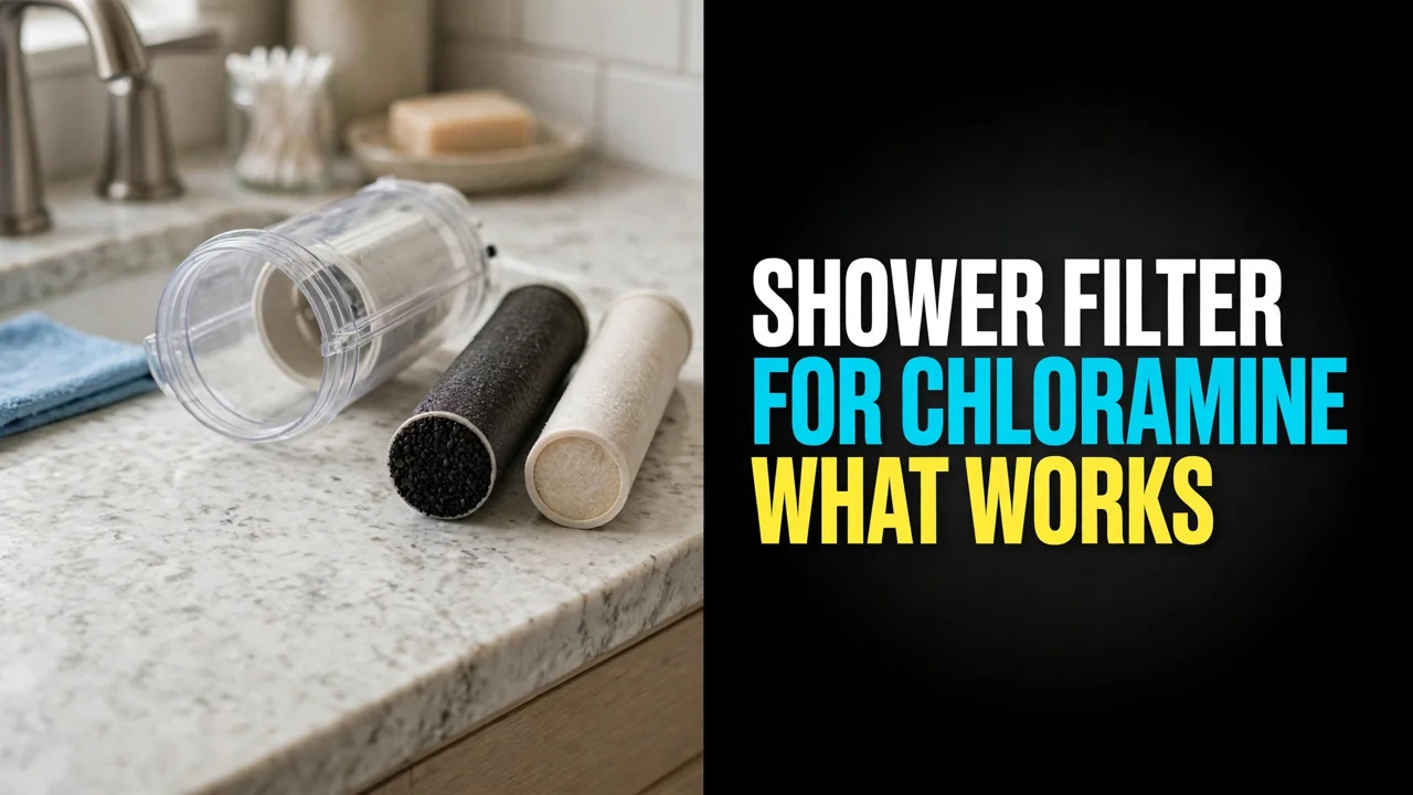 Shower filter for chloramine — an open filter housing with a dark carbon cartridge and a pale cartridge beside it on a bathroom counter