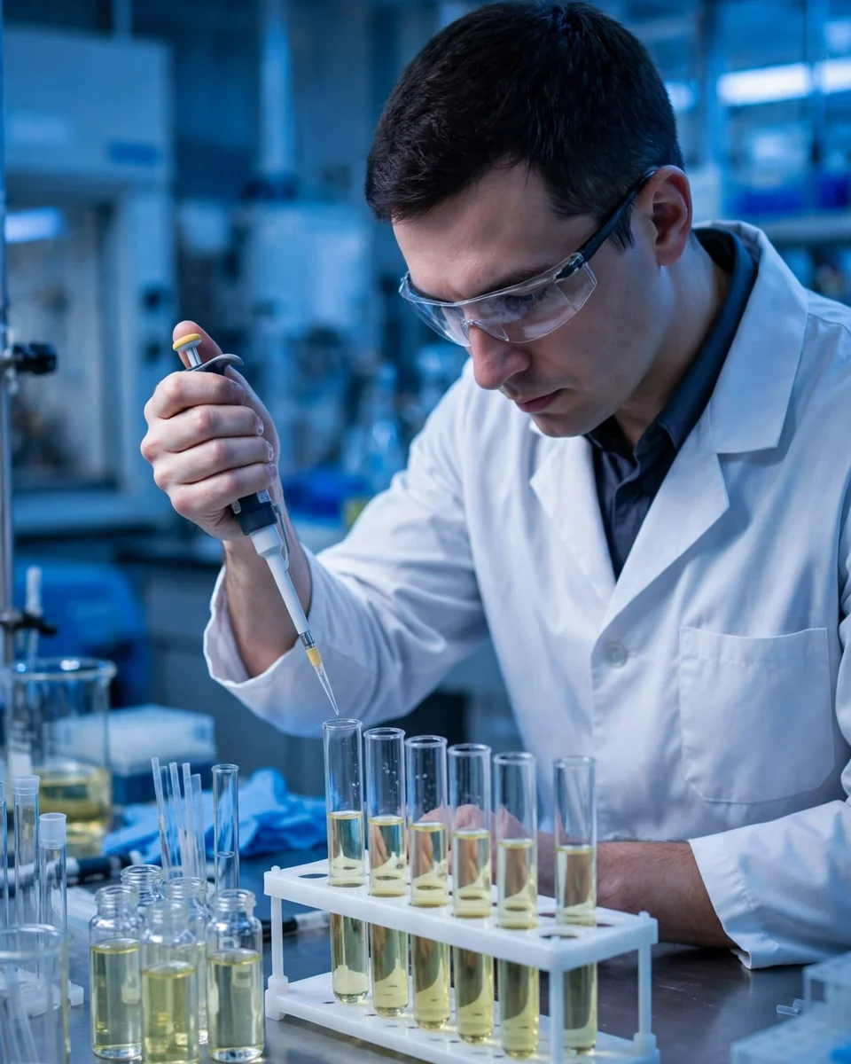 Lab technician pipetting water samples into test tubes — how chlorine claims get checked