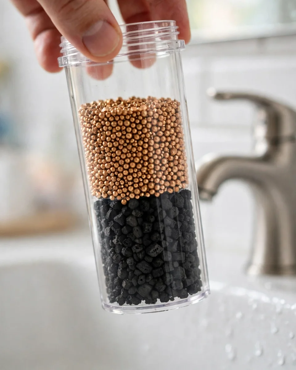 Clear shower filter cartridge showing copper-zinc granules layered over black carbon granules