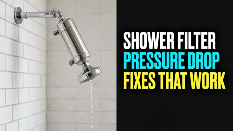 Shower filter pressure drop — a chrome inline shower filter with water trickling weakly from the showerhead