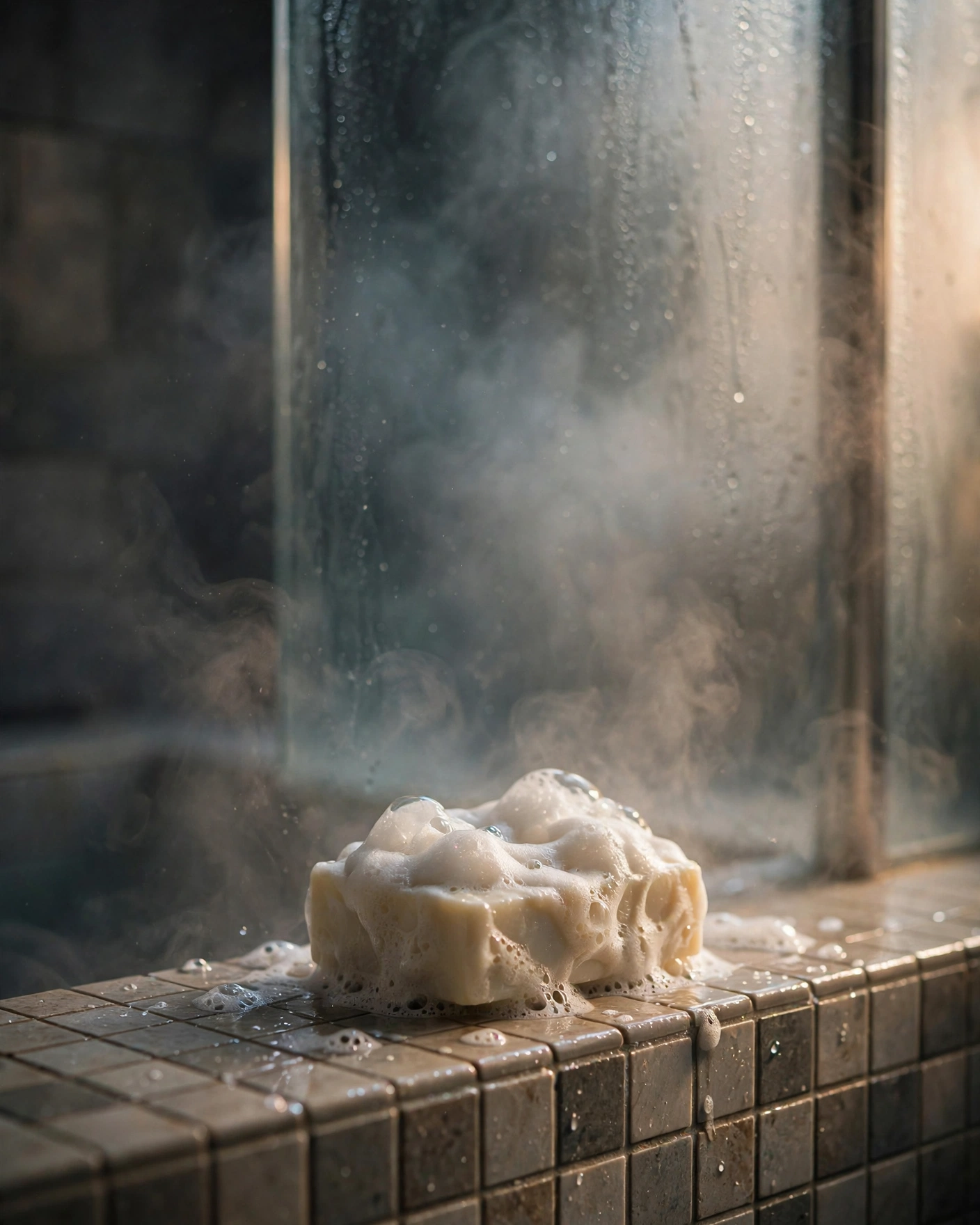 Steam rising over a hot shower with soap suds on skin, warm and moody bathroom light