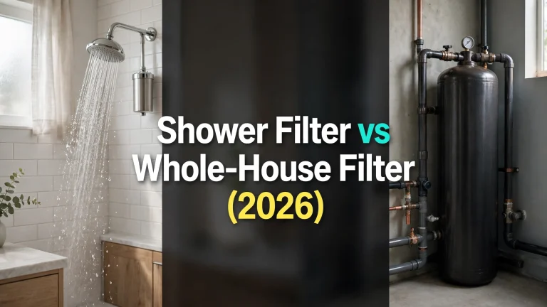 A filtered showerhead beside a whole-house carbon tank in a utility area