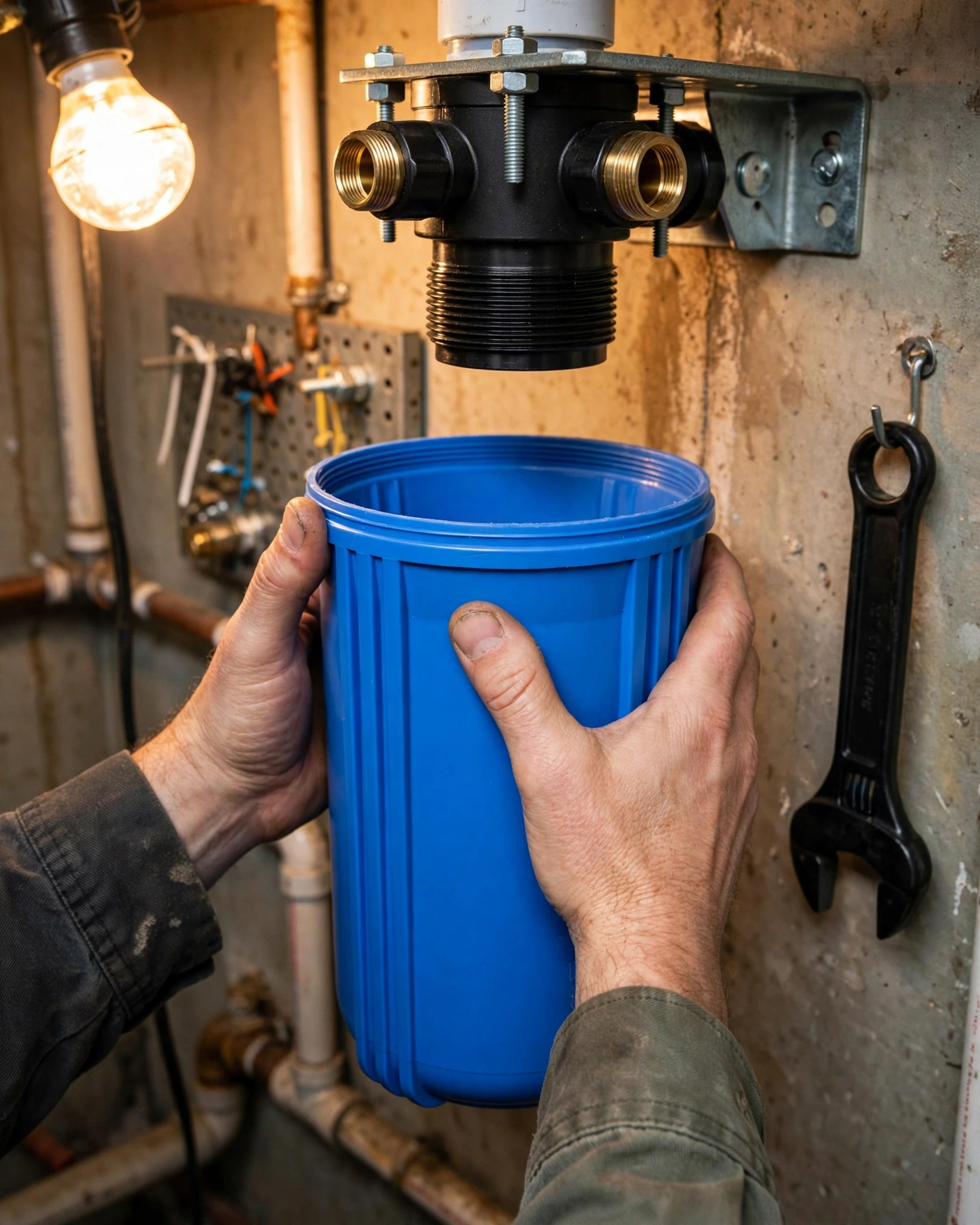 Hands holding an empty blue Big Blue filter housing sump up to its head with brass ports on a wall bracket