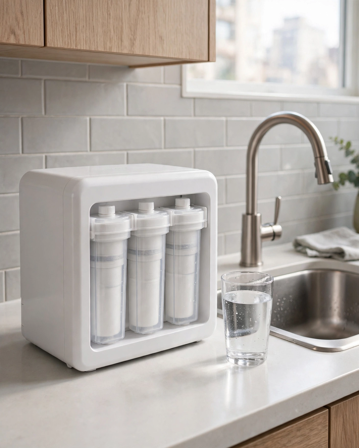 SimPure UV reverse osmosis system unit on a kitchen counter