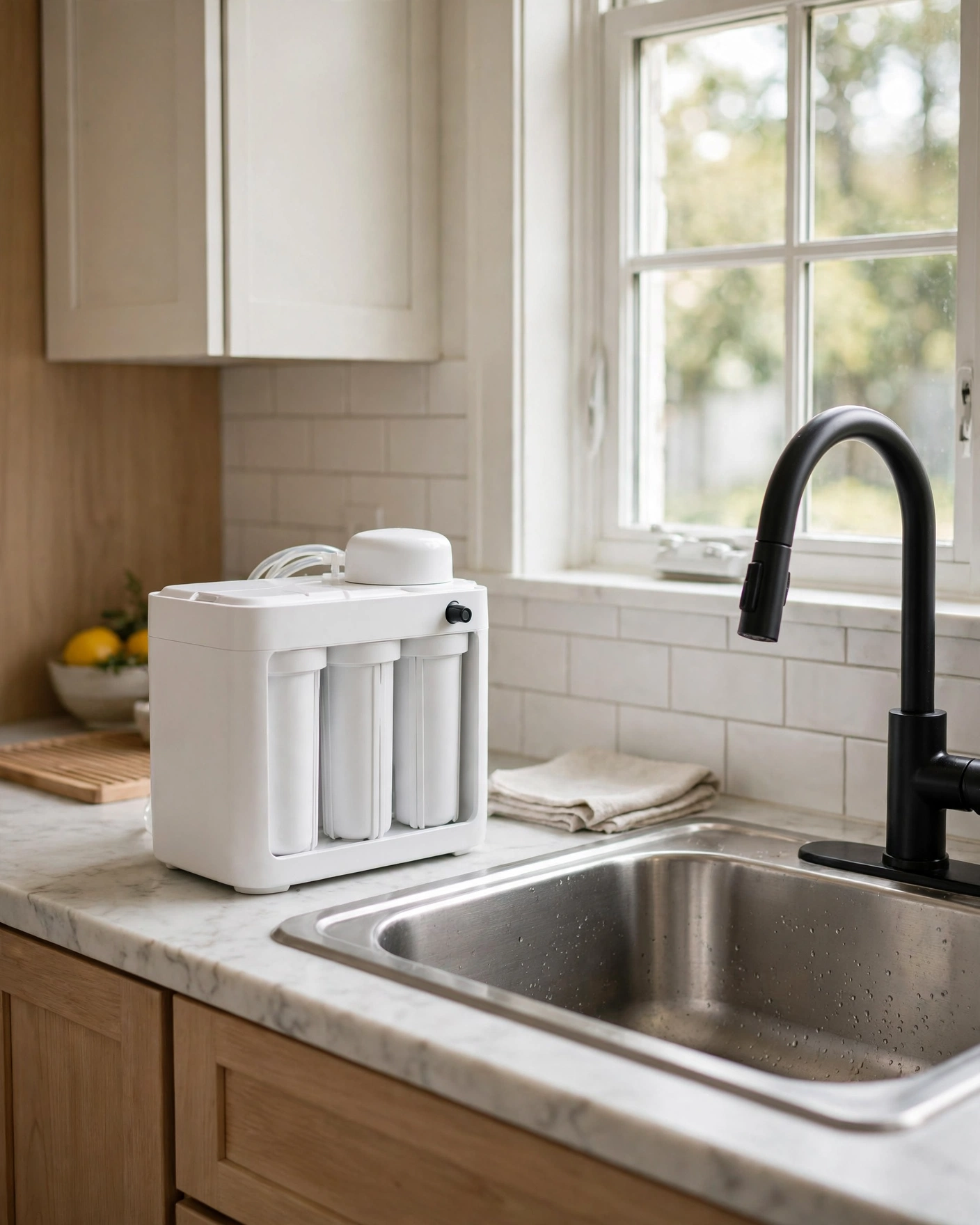 SimPure Y7P countertop RO unit beside a kitchen sink, showing its counter footprint