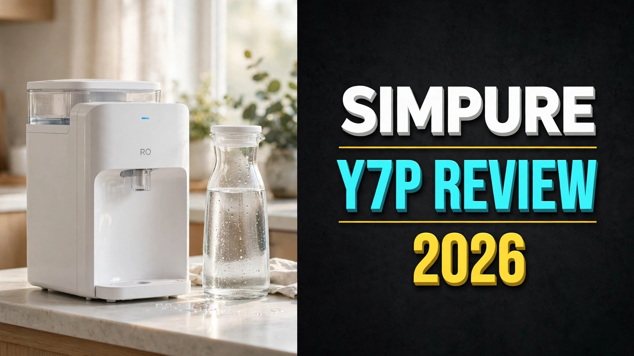 SimPure Y7P Review 2026 — white countertop RO unit with glass carafe on a bright kitchen counter, headline text right