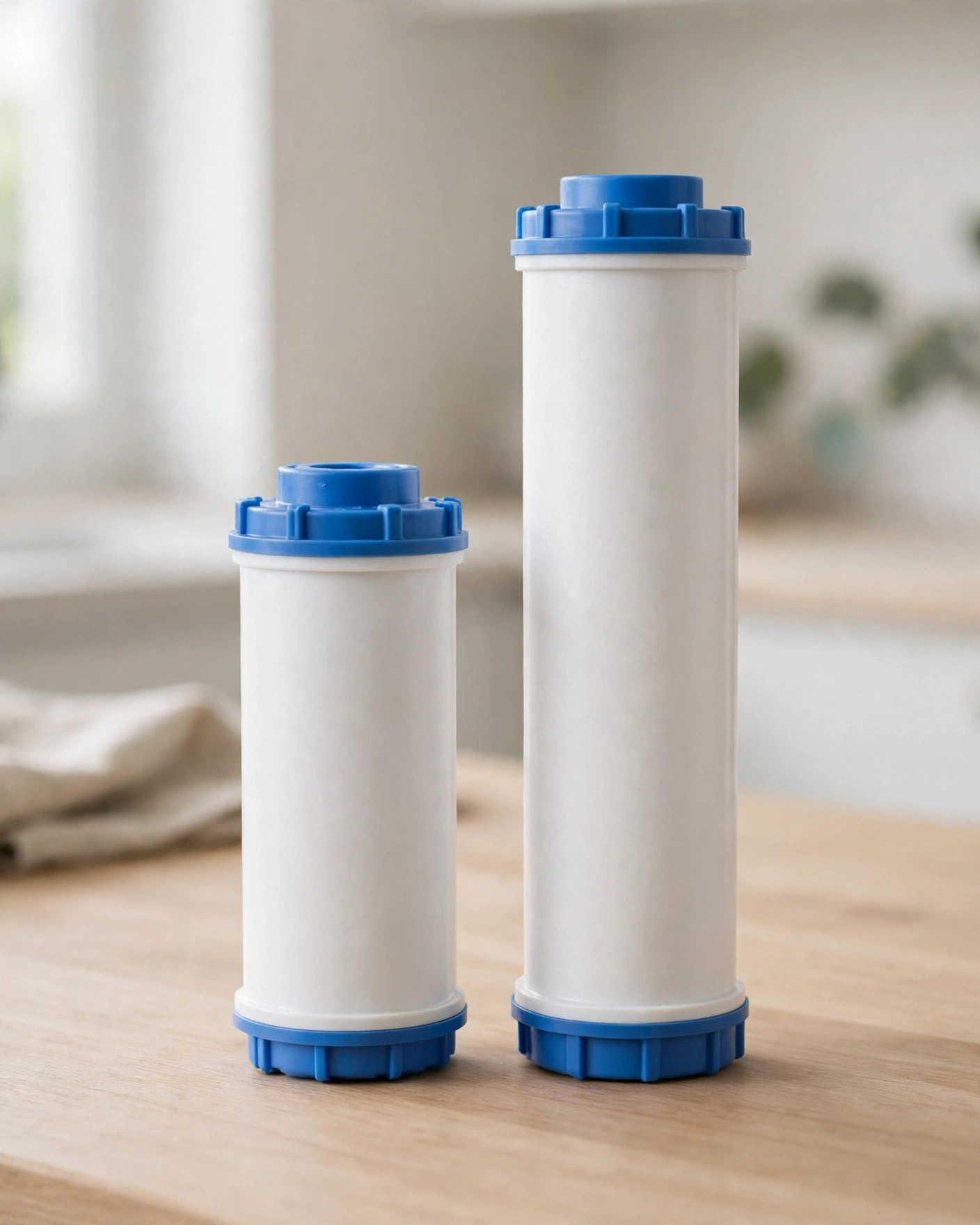 SimPure Y7P twist-and-lock replacement filter cartridges (CF and RO) standing on a counter