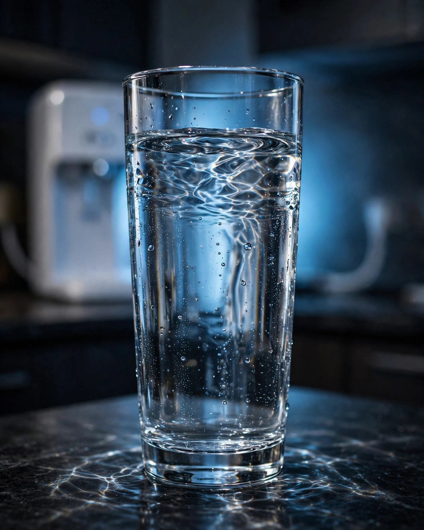 Glass of crystal-clear filtered water from the SimPure Y7P, with the UV purification stage behind it