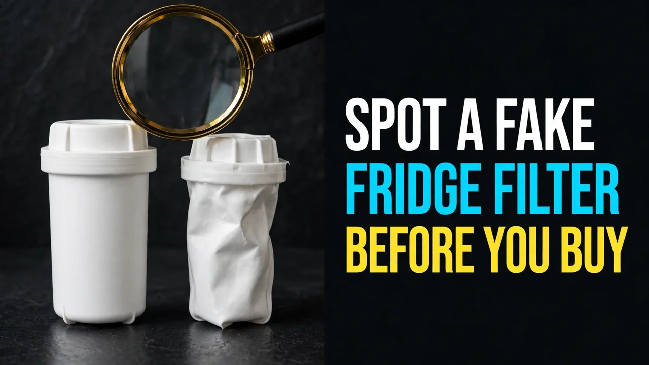 How to spot a fake refrigerator water filter — a crisp genuine-style cartridge and a crumpled flimsy one under a magnifying glass, headline Spot a Fake Fridge Filter — Before You Buy