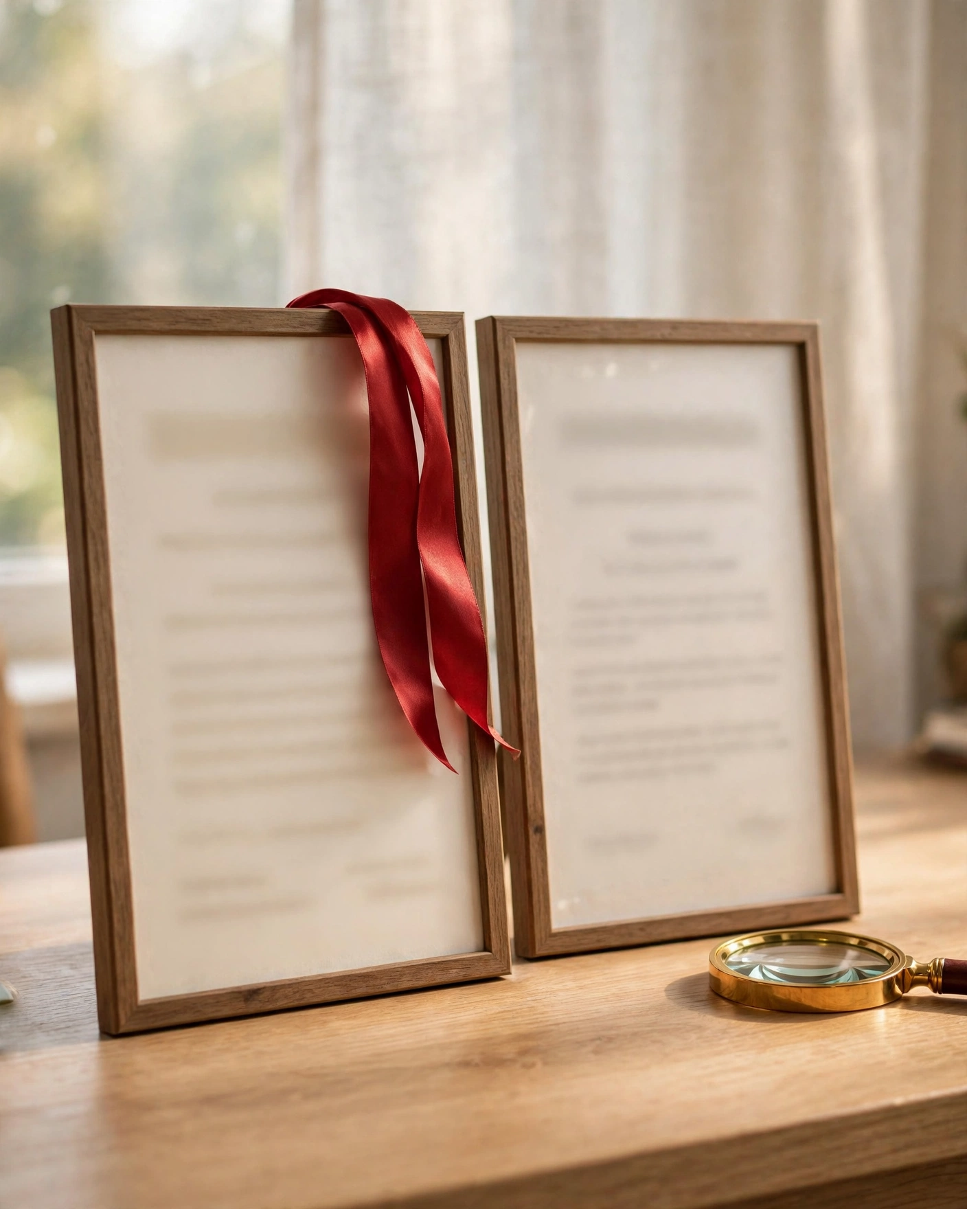 Two framed certificates on a desk with a red ribbon and magnifying glass