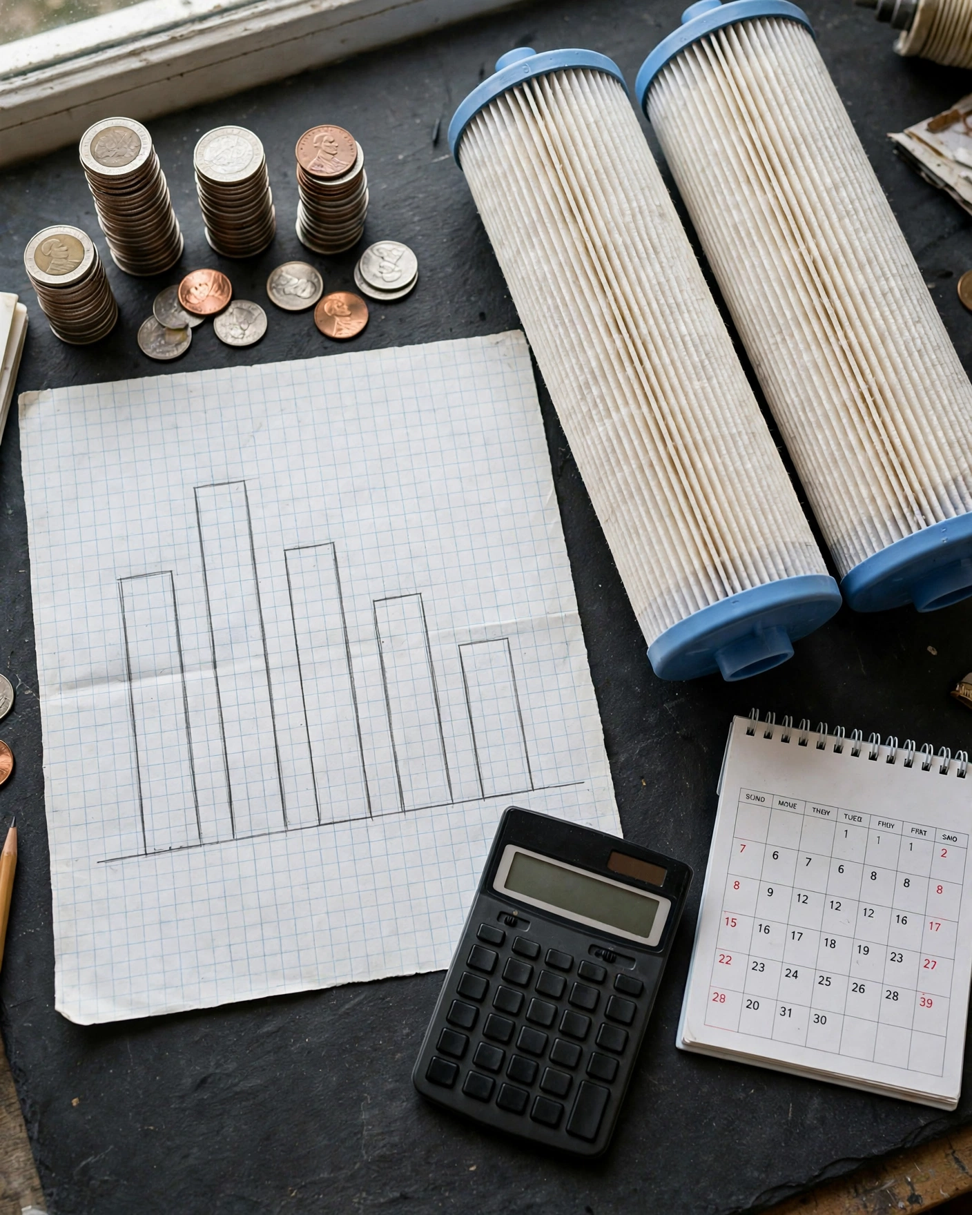 Hand-drawn five-year cost comparison chart with coins, filter cartridges, and a calculator