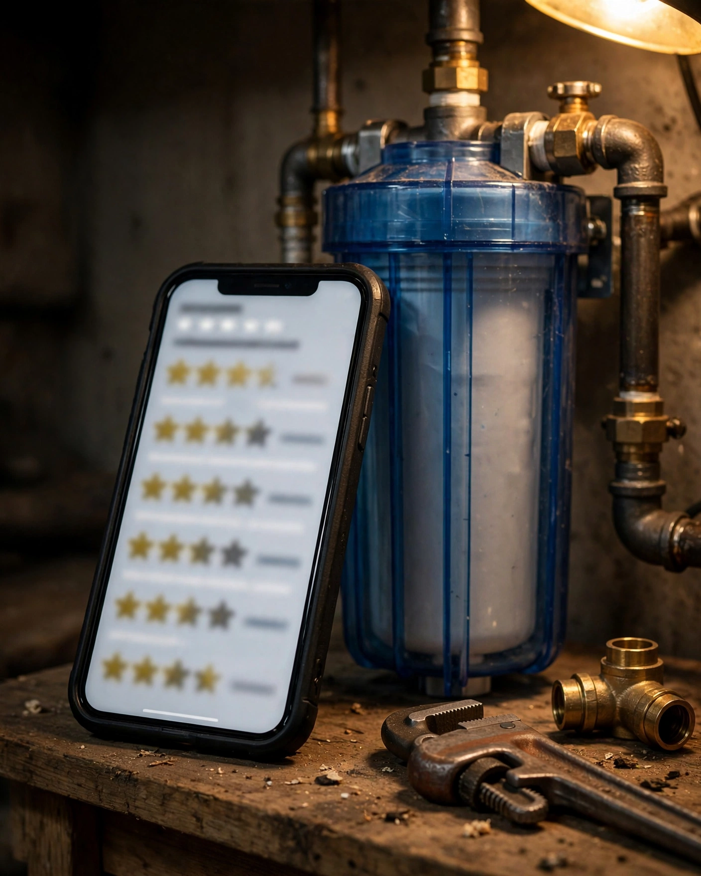 Smartphone showing owner review ratings propped against an installed whole-house tank