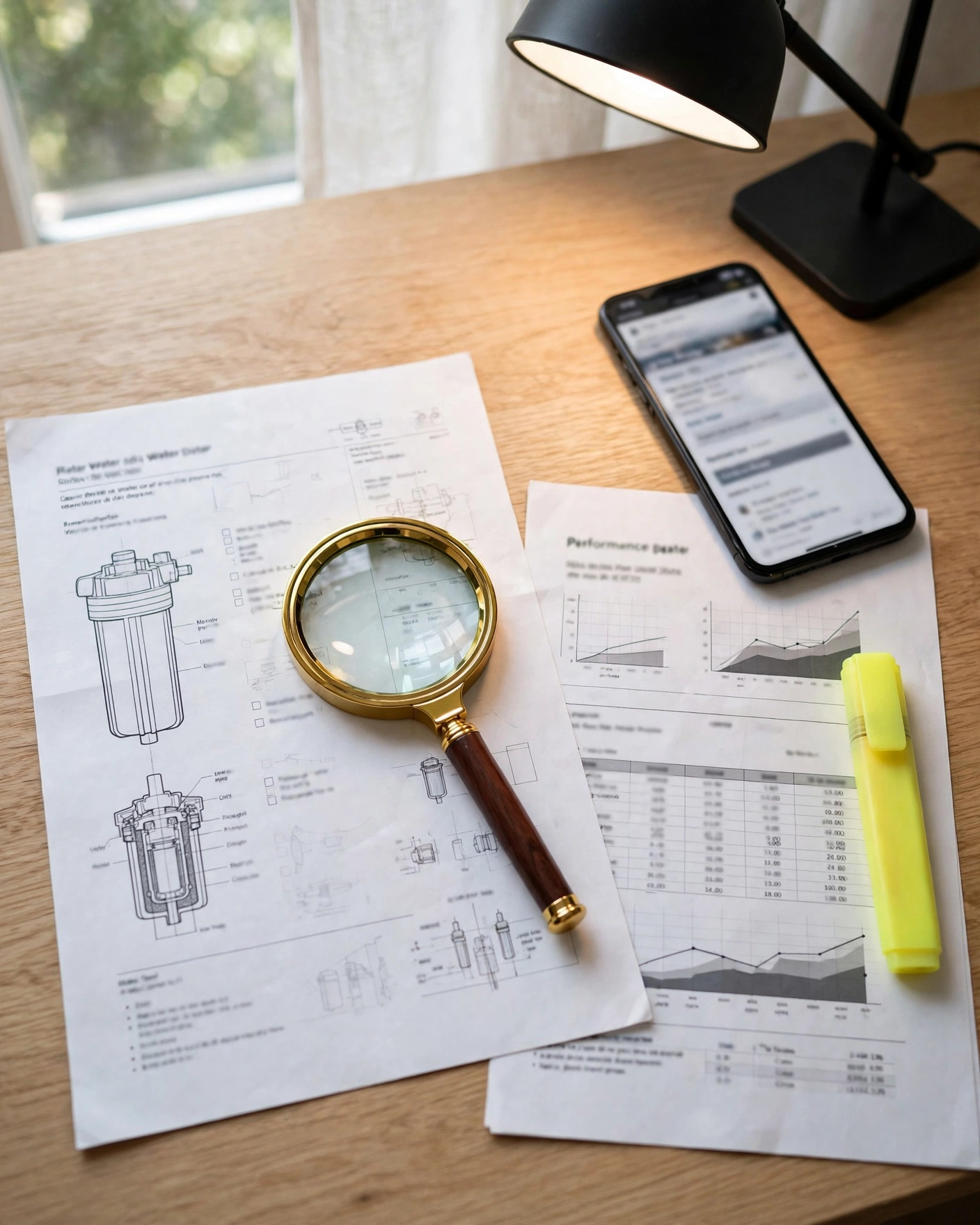 Spec sheets and certification documents under a magnifying glass on a desk