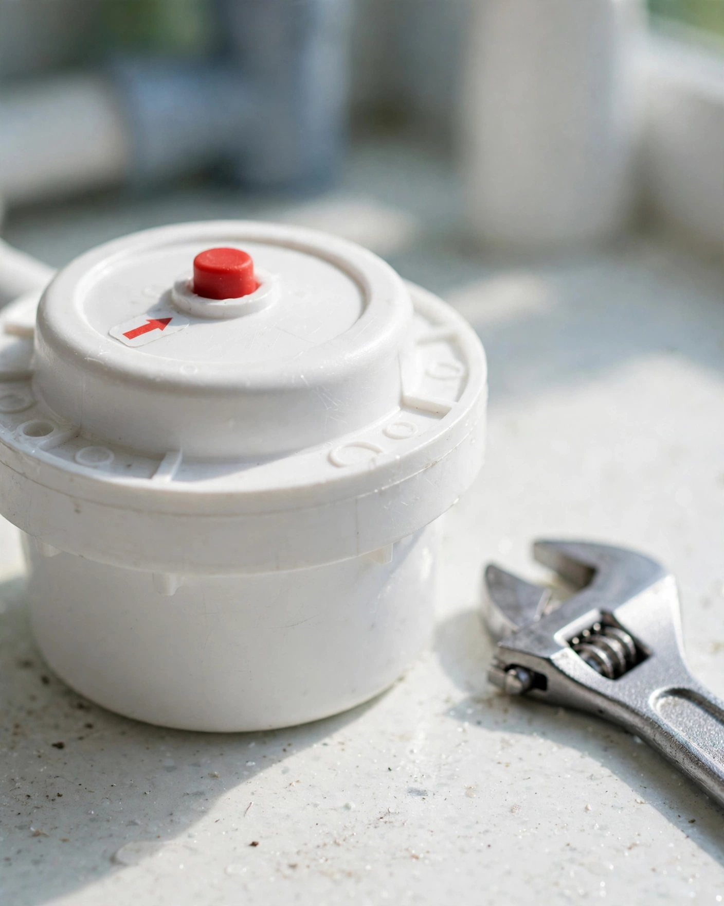 Close-up of a filter housing pressure-relief button with a wrench during installation