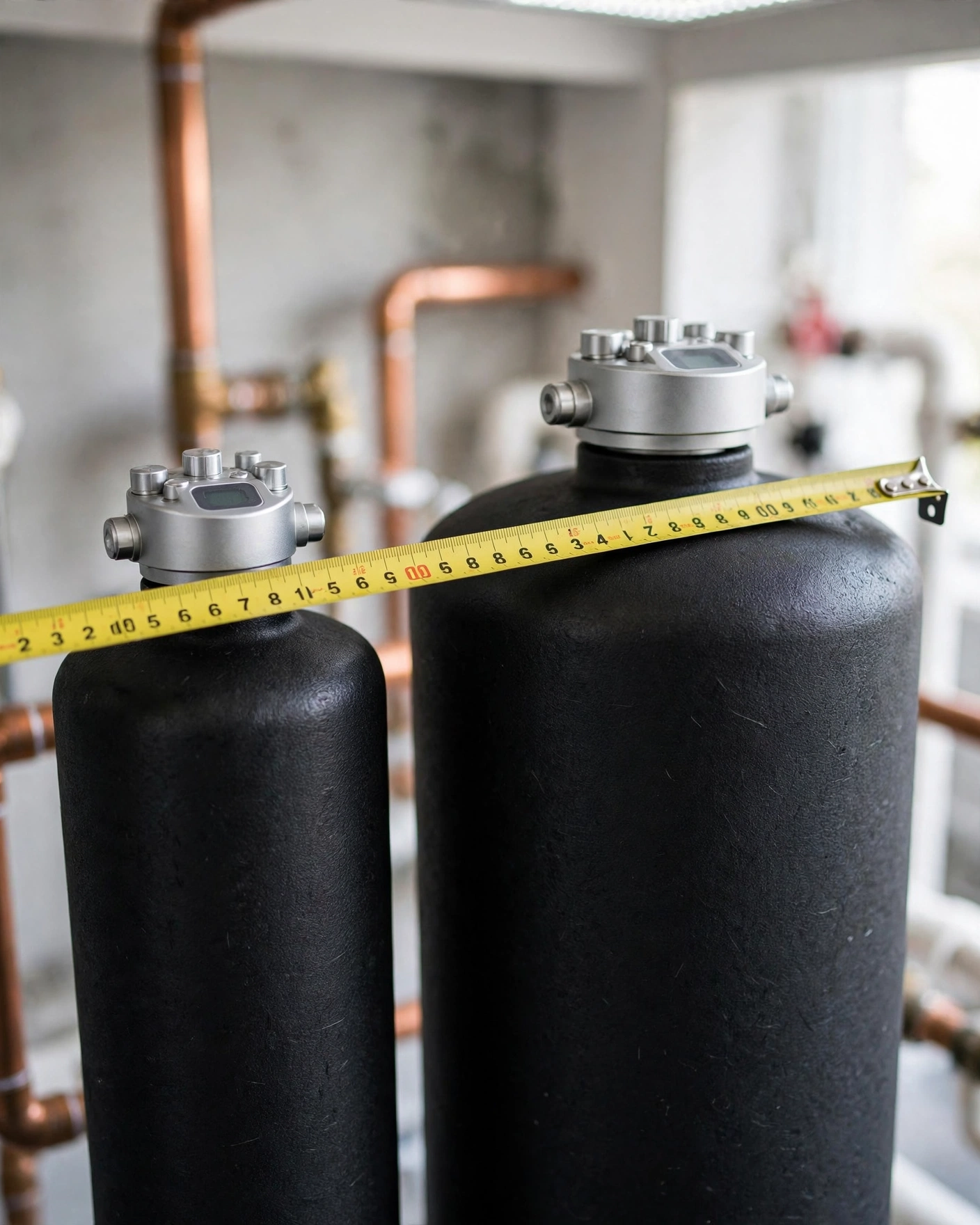 Measuring tape stretched across SpringWell CF1 and CF4 tank tops showing the size difference