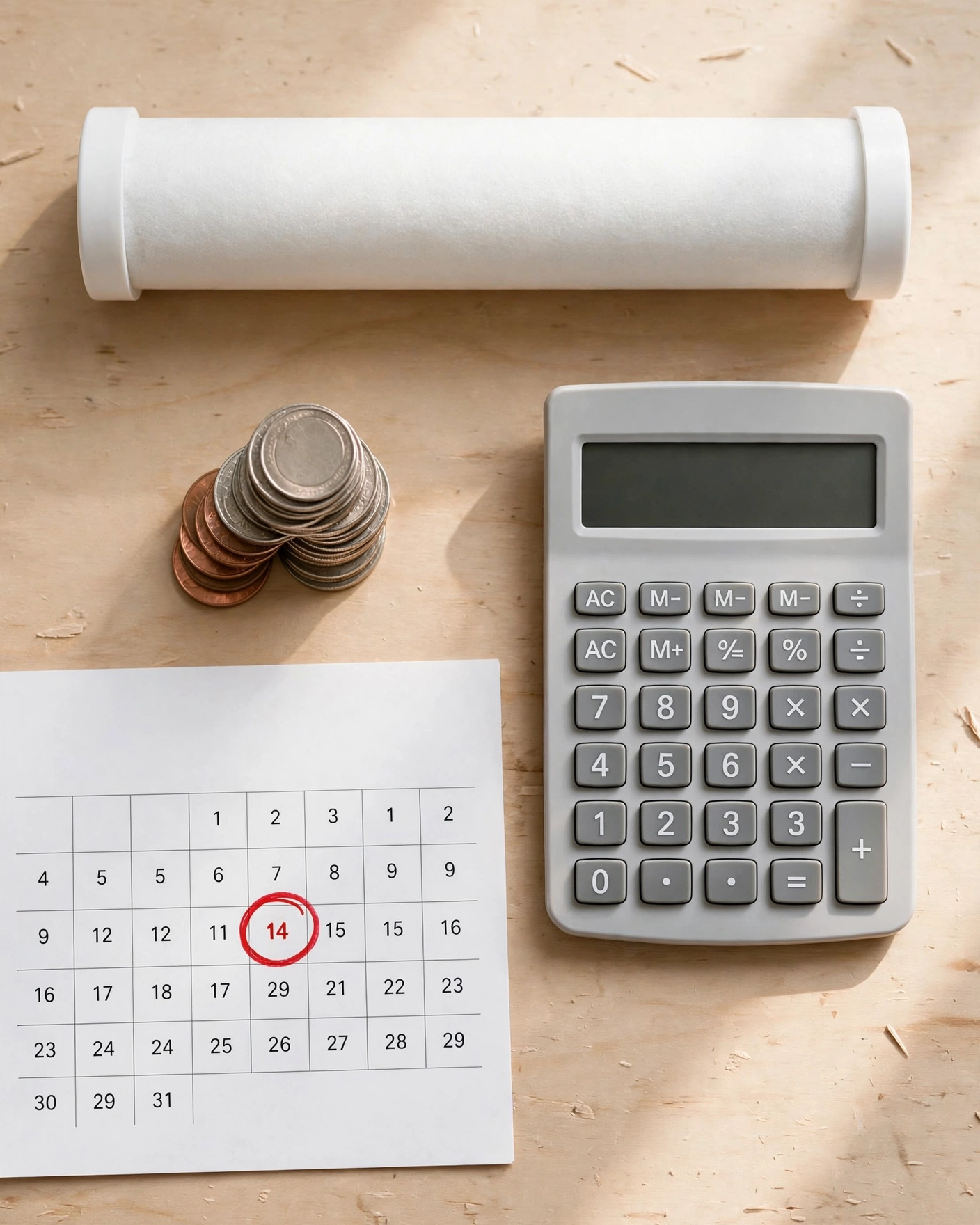 Sediment filter cartridge with calculator and circled calendar showing yearly replacement cost
