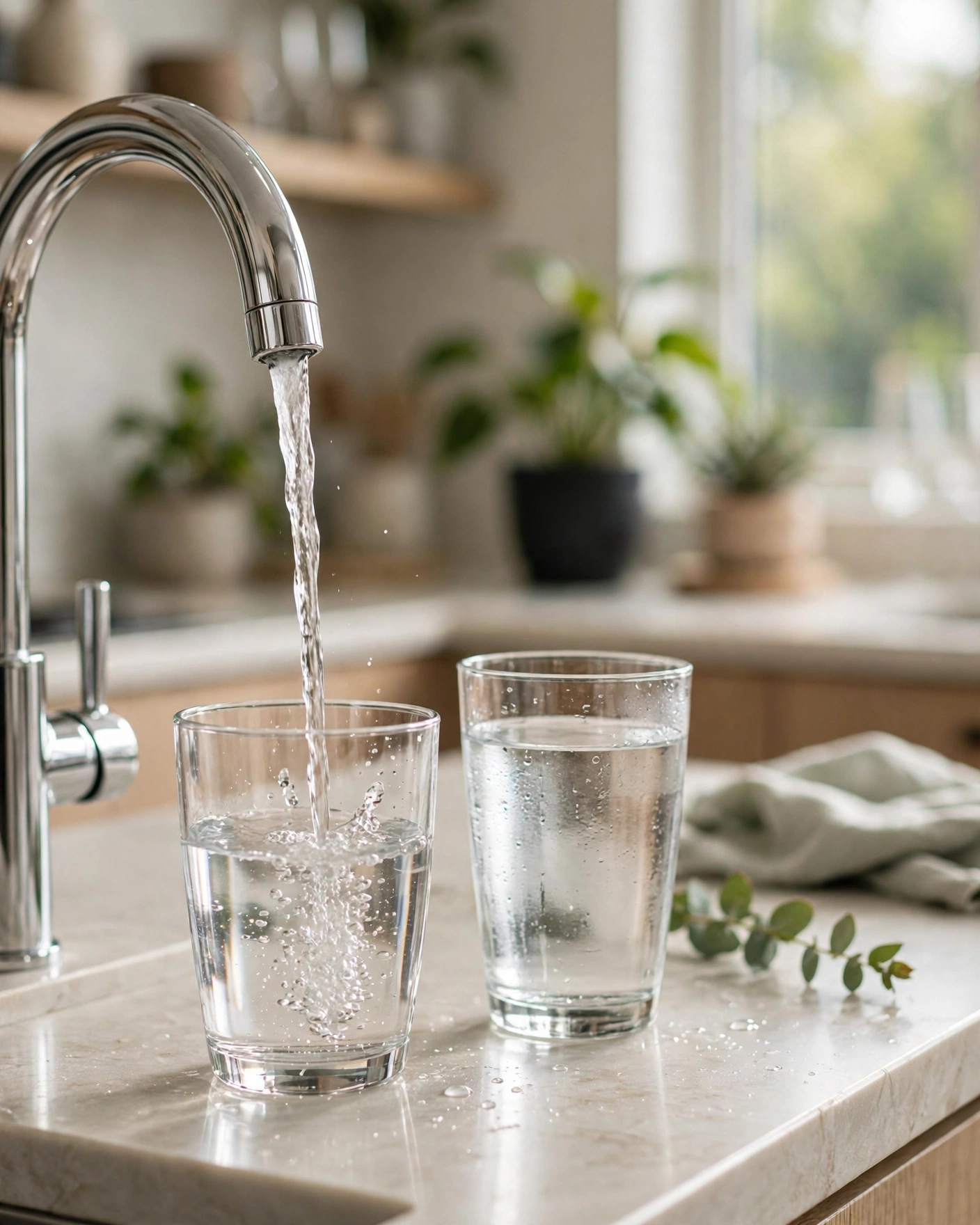 Chrome kitchen faucet pouring clear filtered water into a glass on a bright kitchen counter