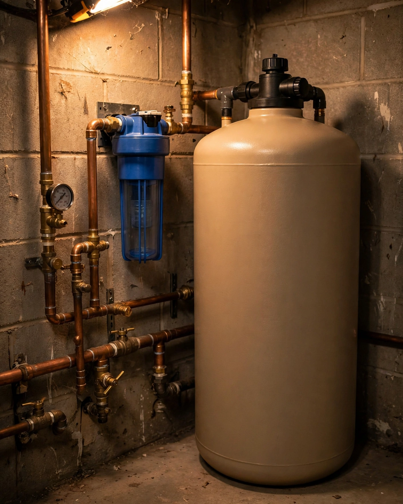 SpringWell CF1 whole-house filter tank with sediment pre-filter installed on a copper main water line in a basement
