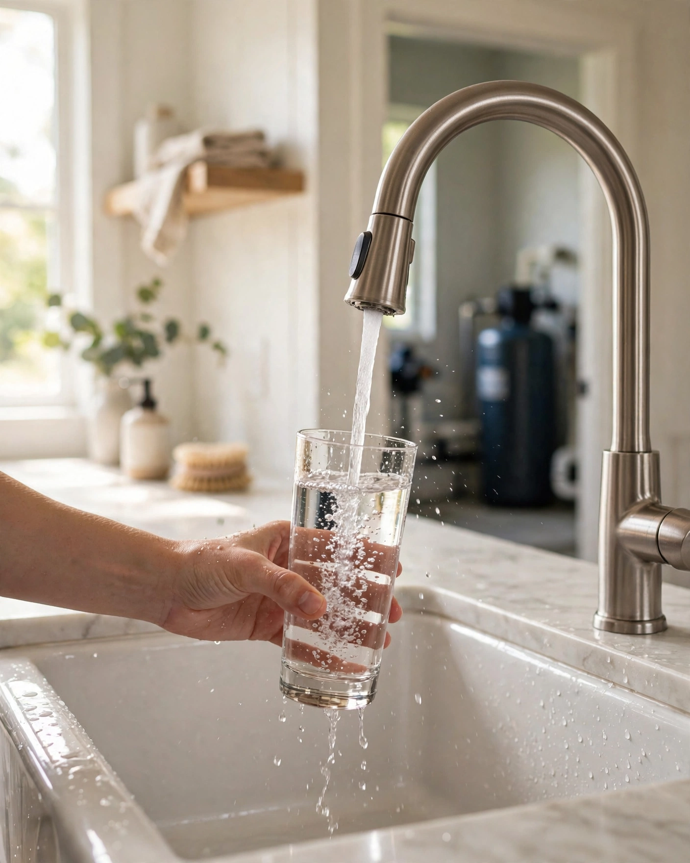 Hands filling a tall glass of filtered water at a kitchen faucet, whole-house filter tank visible in the background