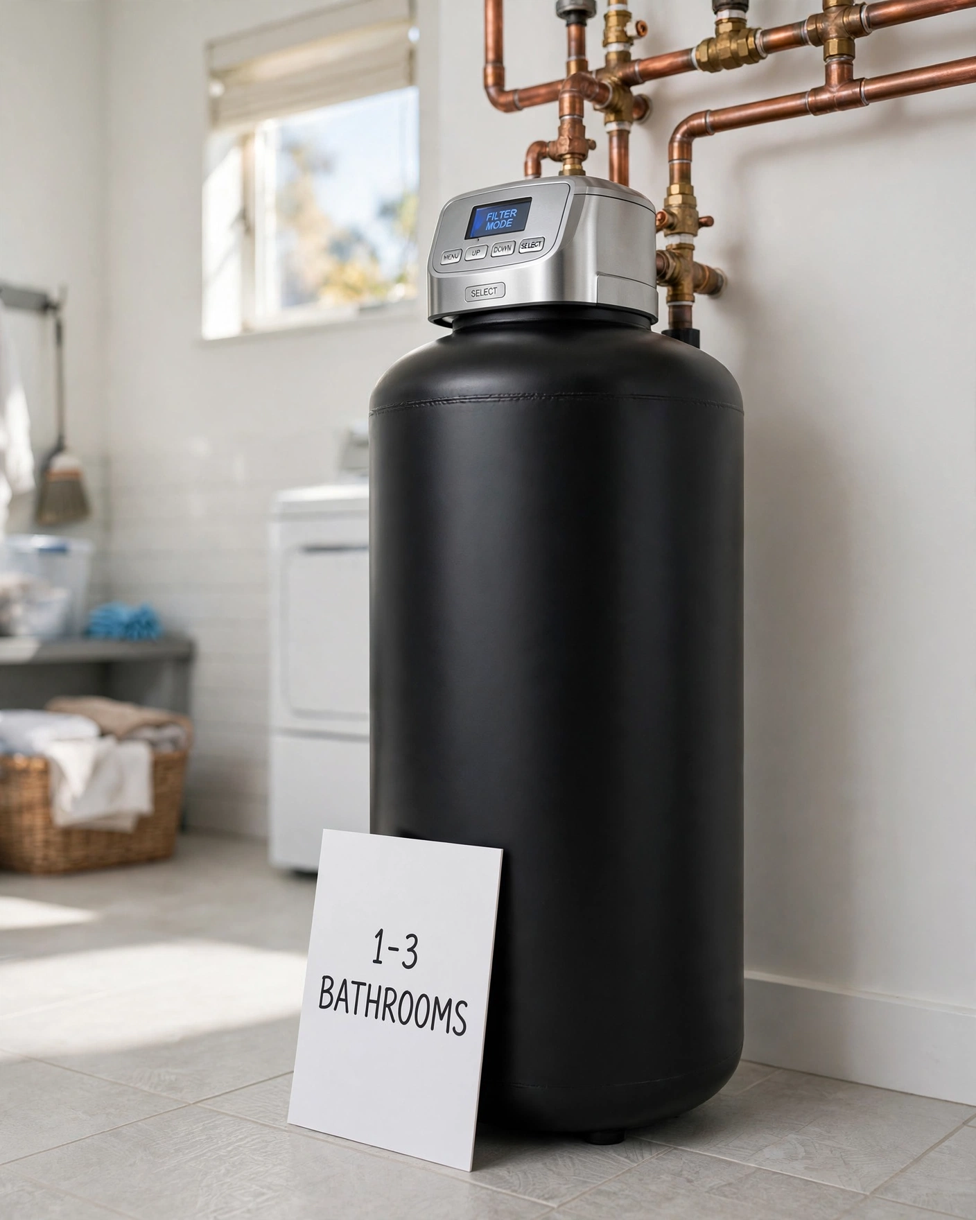 SpringWell CF1 whole-house filter tank in a bright utility room