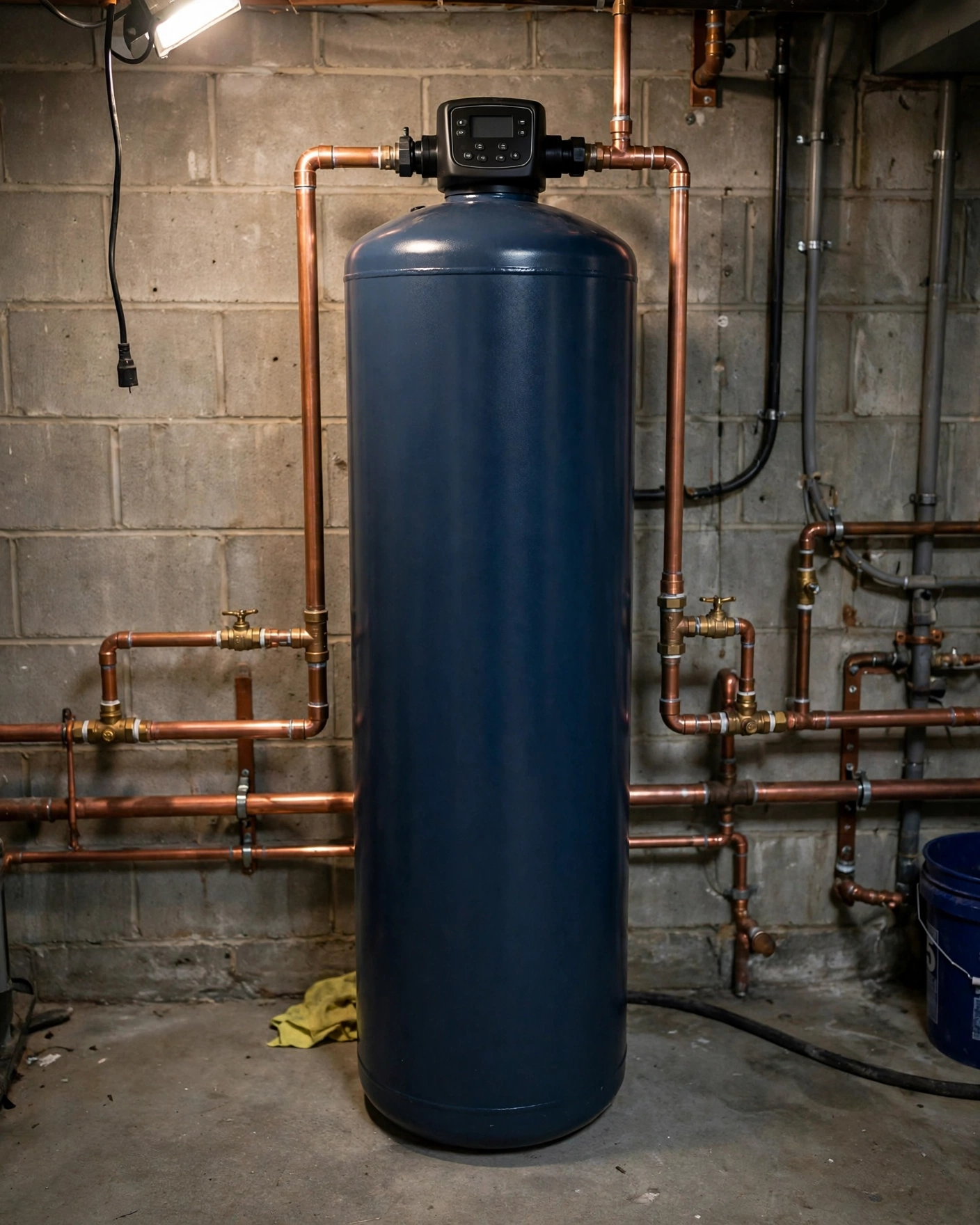 SpringWell CF1 whole-house media filter tank with control valve head plumbed into copper pipes on a basement wall