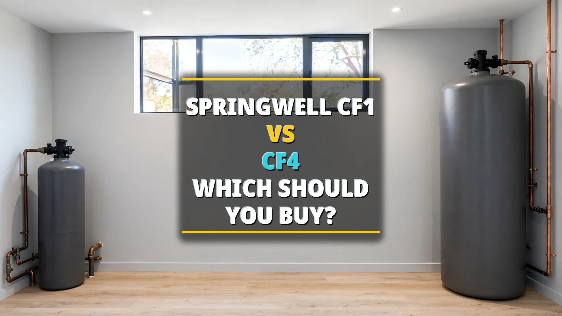 SpringWell CF1 vs CF4 2026 comparison: two whole-house filter tanks with a measuring tape in a utility room
