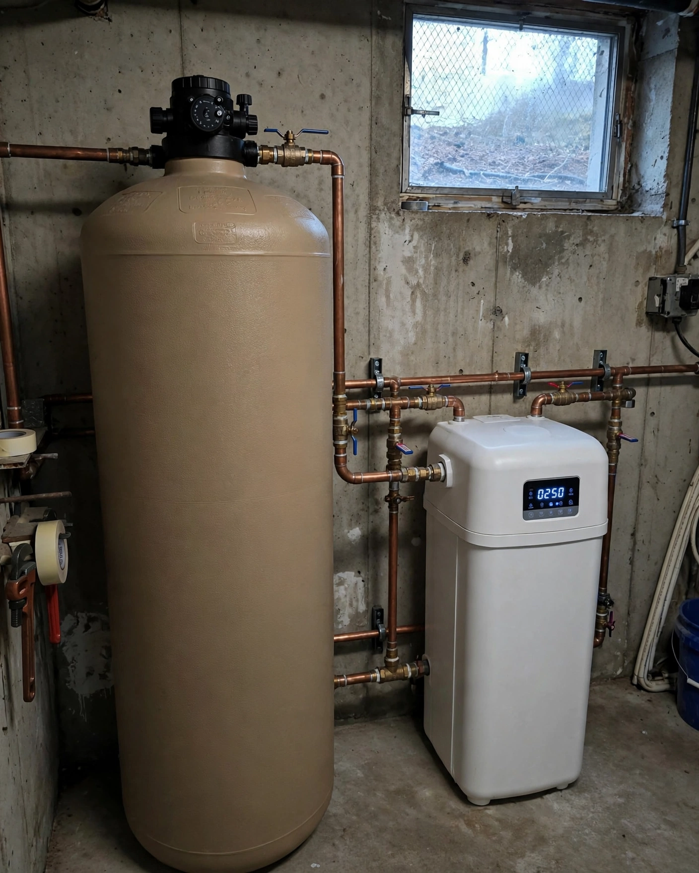 Two whole-house water filter tanks installed side by side on copper pipes in a utility room