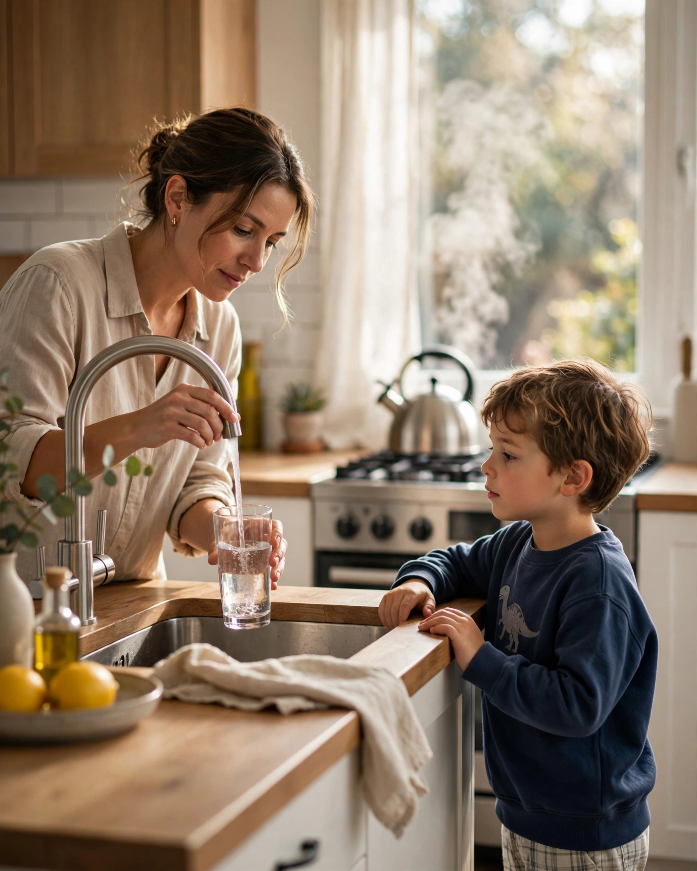 A parent filling a glass of water at the kitchen sink for a child