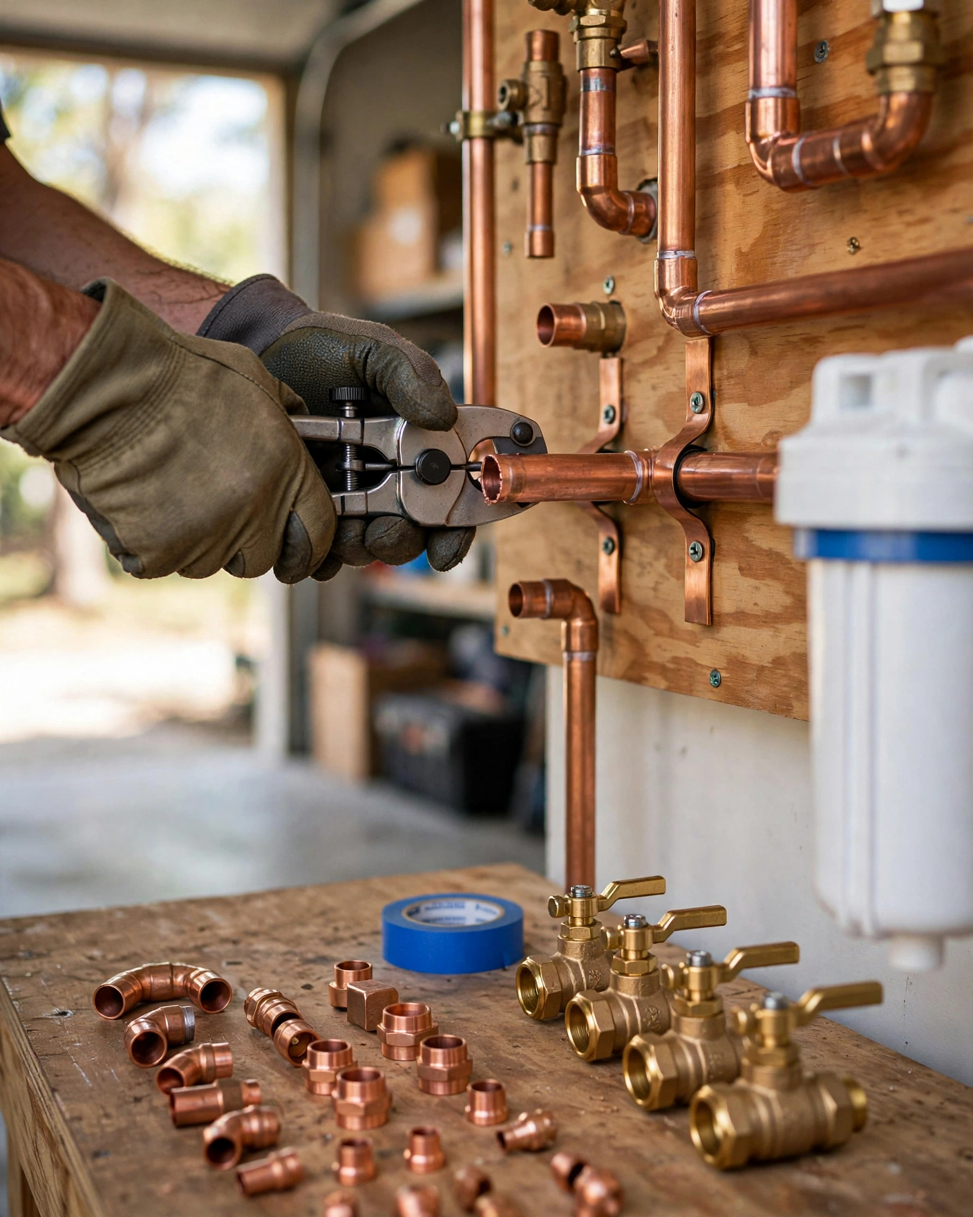 Cutting a copper water pipe with a tubing cutter during a whole-house filter installation