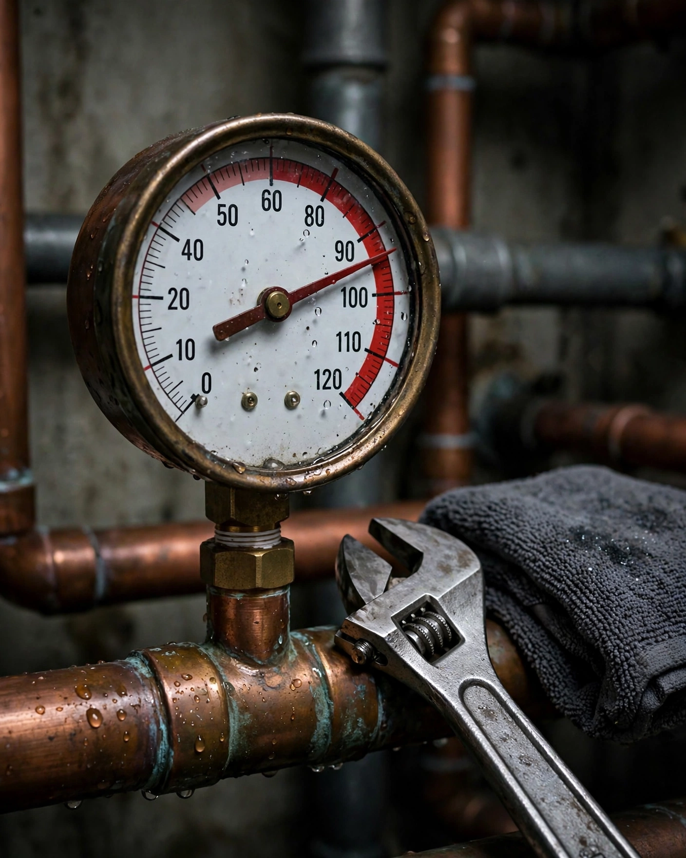 Analog water pressure gauge on a copper pipe reading in the high zone