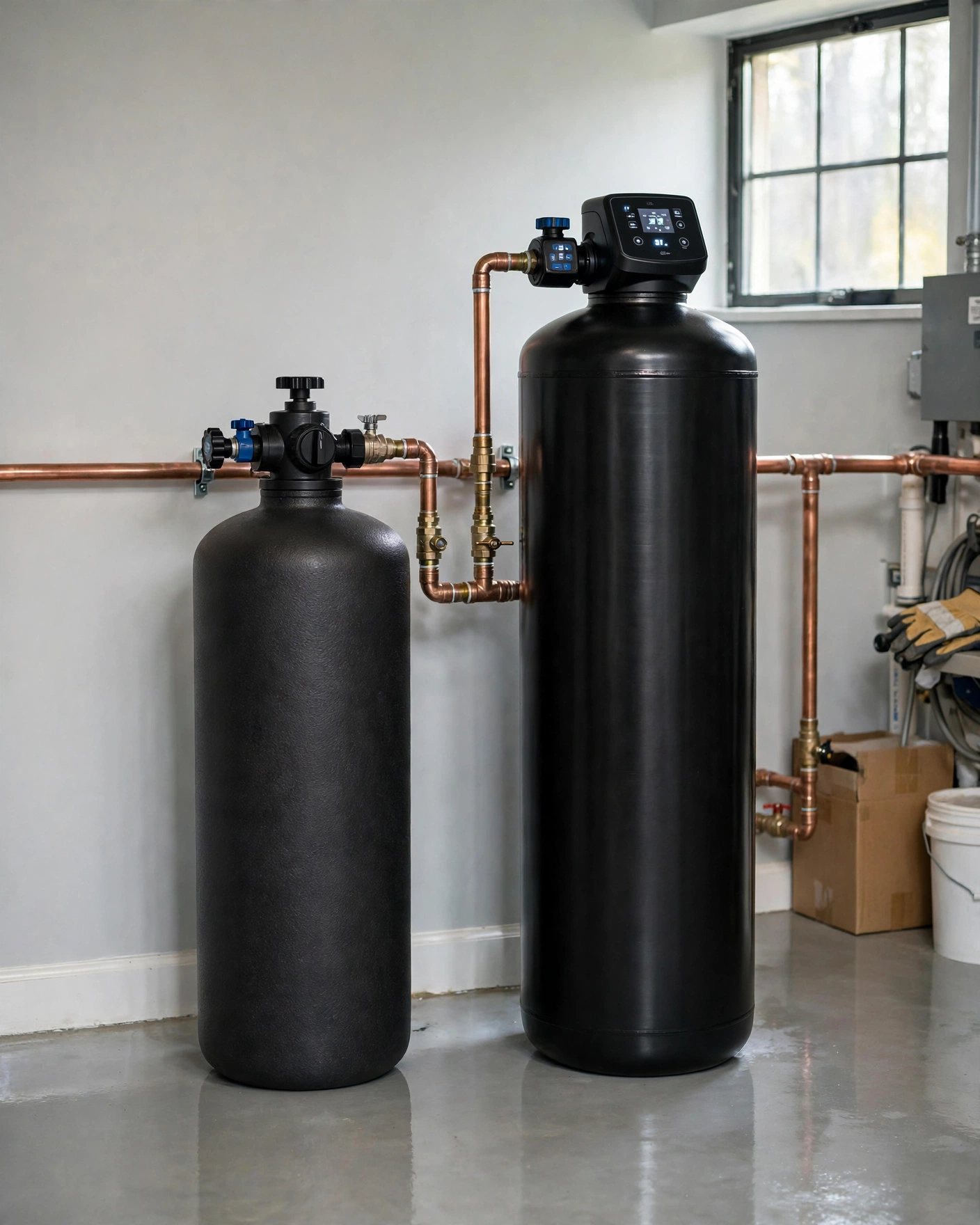 Two whole-house water filter tanks side by side in a utility room