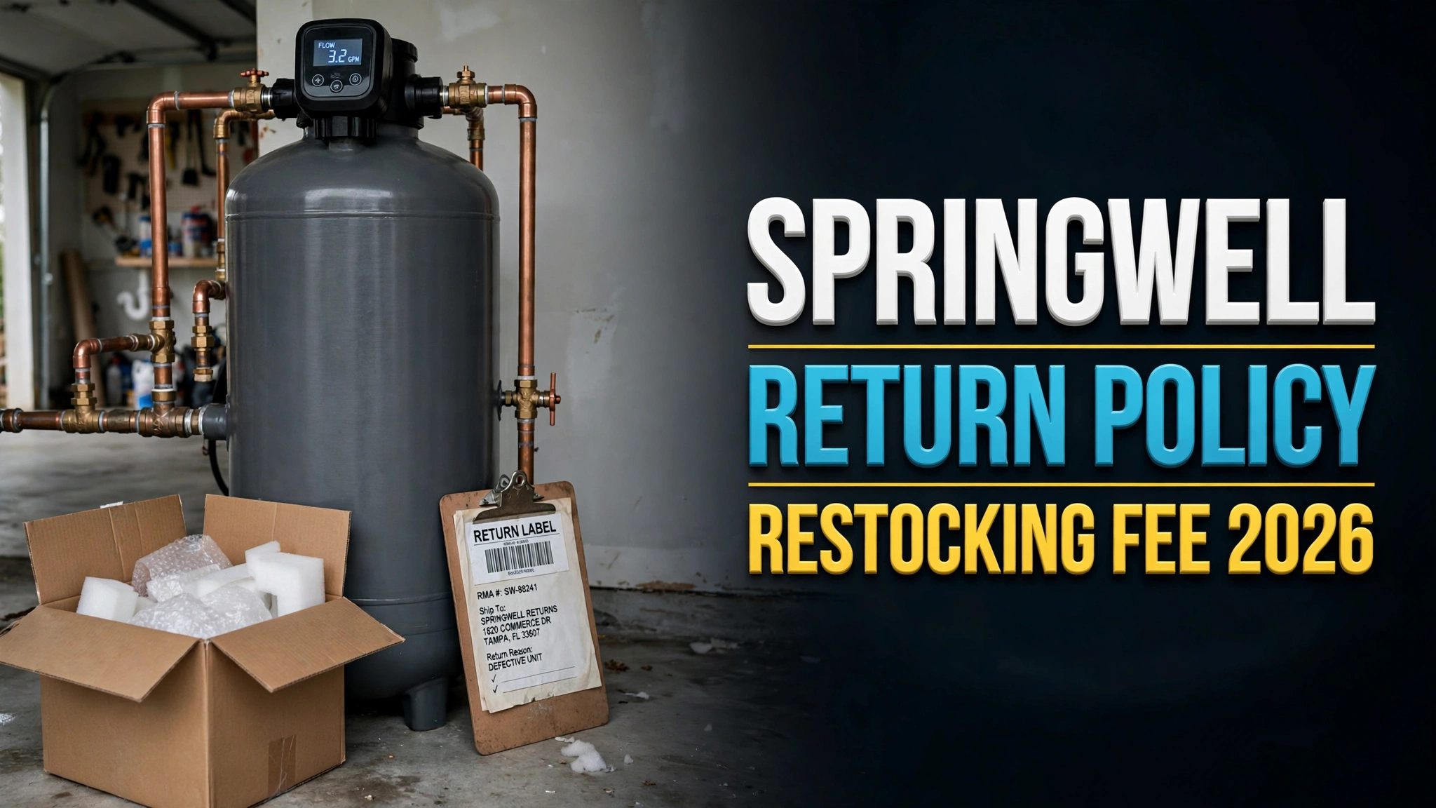 SpringWell whole-house filter tank with return shipping box and headline SpringWell Return Policy Restocking Fee 2026