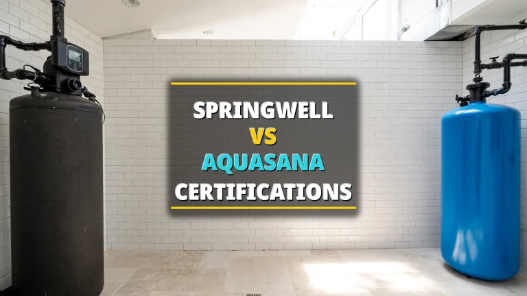 Two whole-house tanks in a white-tiled utility room — dark charcoal SpringWell-style tank on the left, blue Aquasana-style tank on the right — with a centered SpringWell vs Aquasana certifications headline