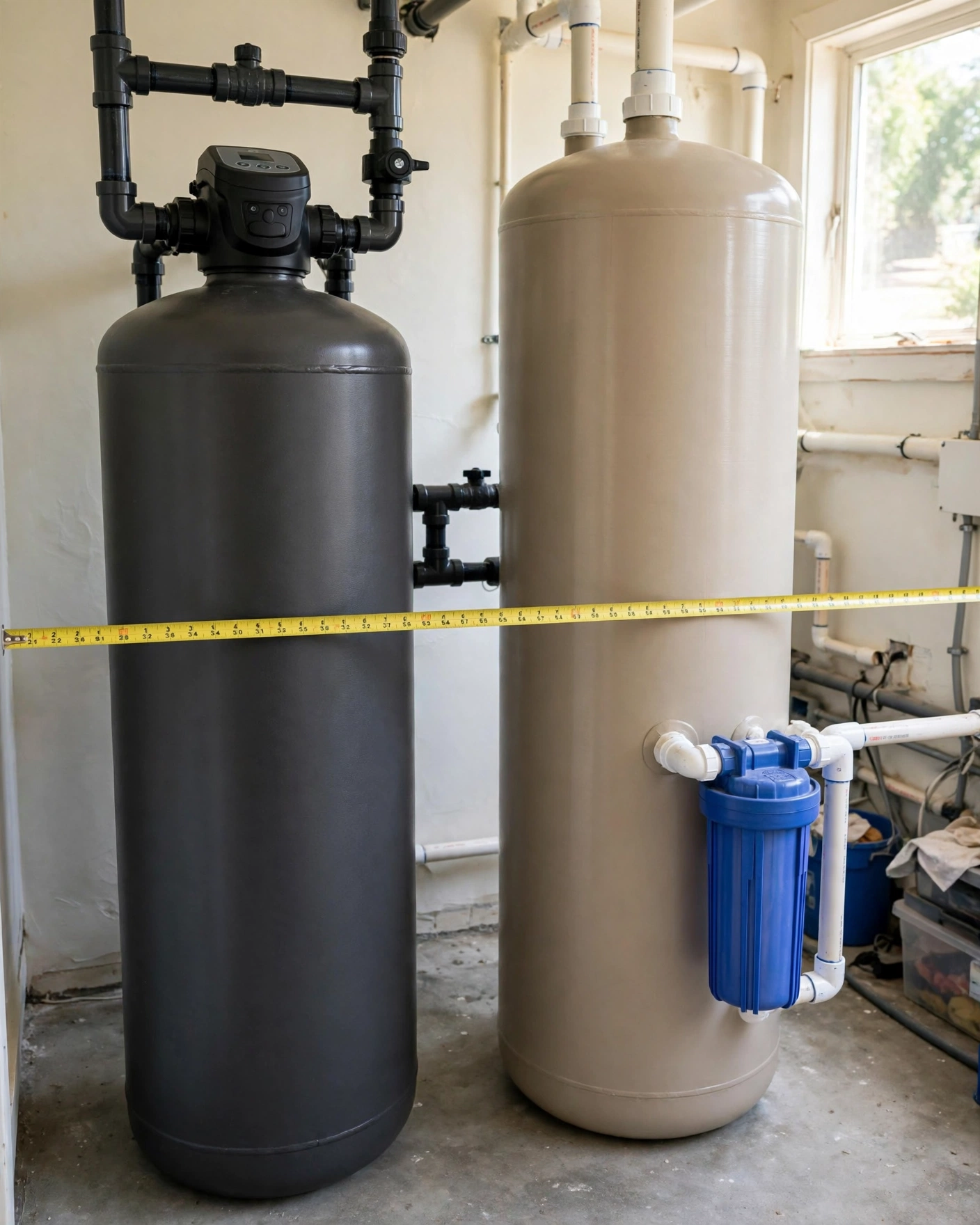 Two whole-house water filter tanks side by side with a measuring tape