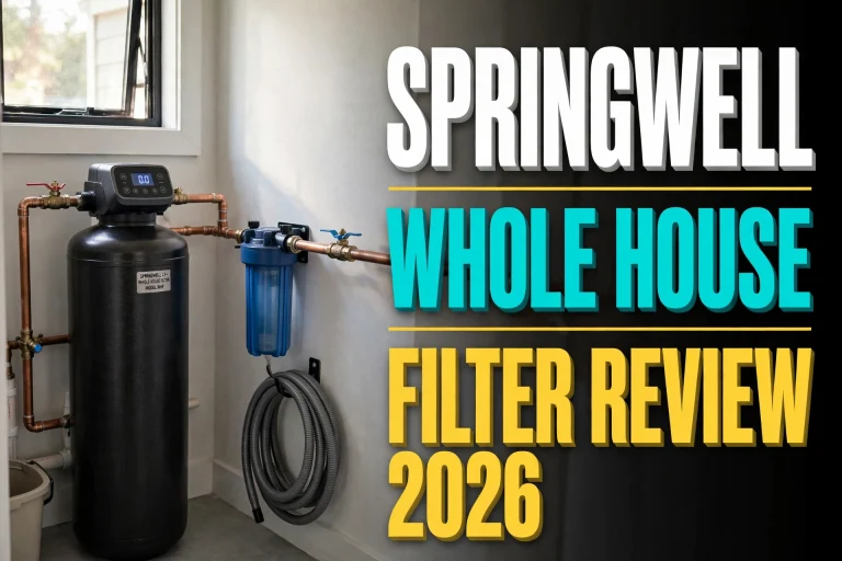 SpringWell whole house filter tank installed on a copper main water line with control head and post-filter housing