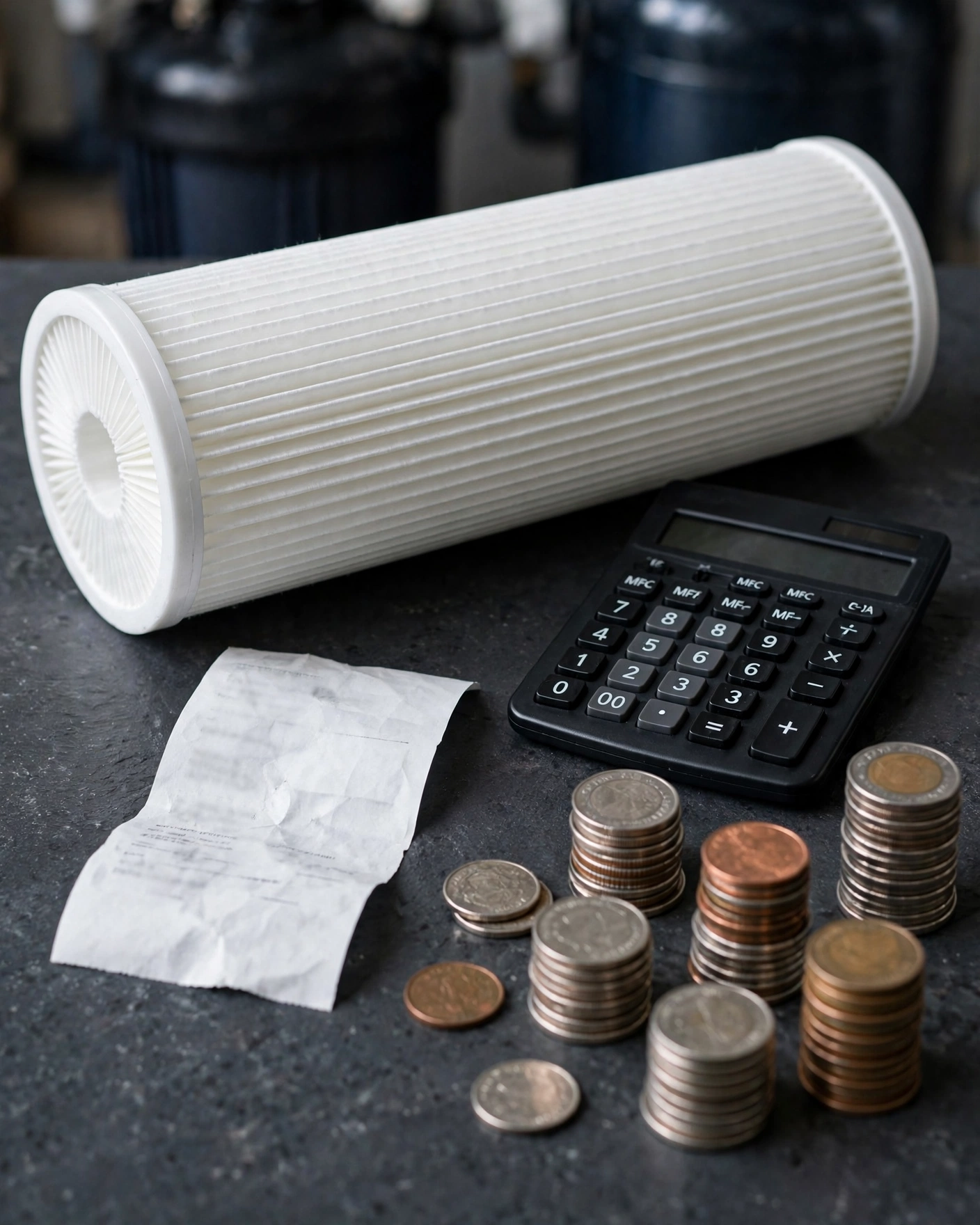 Sediment filter cartridge, calculator, coins, and receipt showing yearly maintenance cost