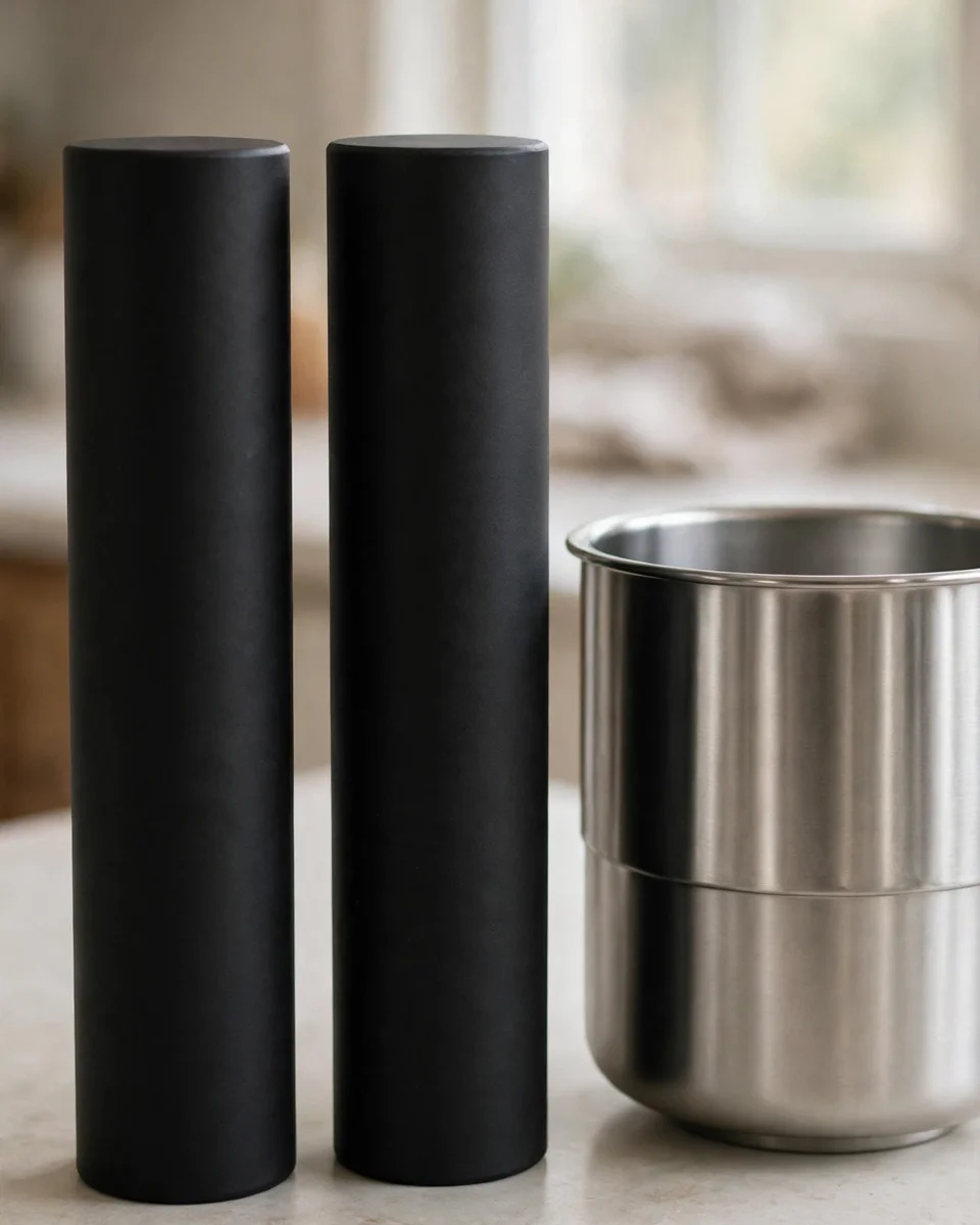 Two matte black gravity filter elements standing on a kitchen counter beside the steel chamber of a gravity filter