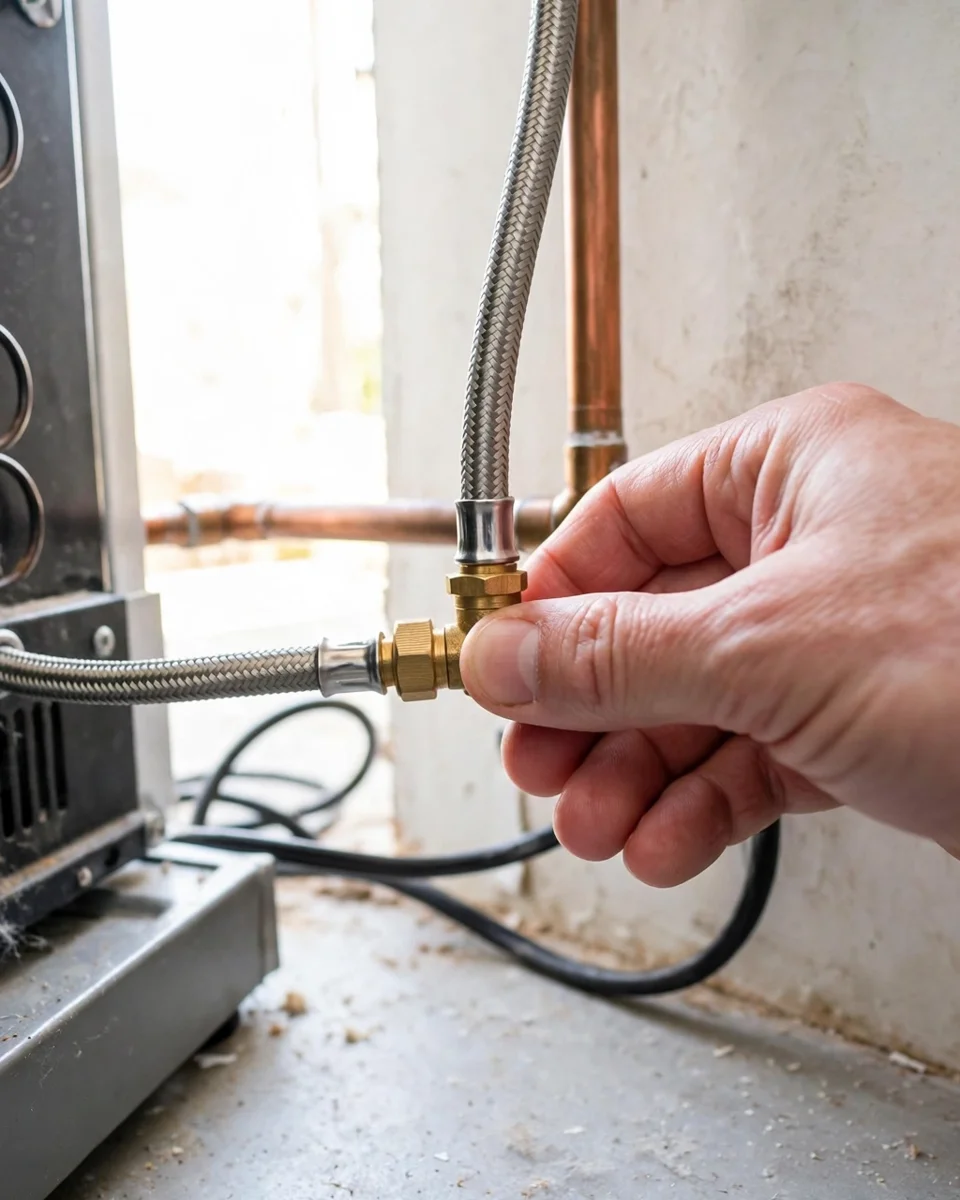 Hand closing the brass shutoff valve on the fridge water line — stop the water first