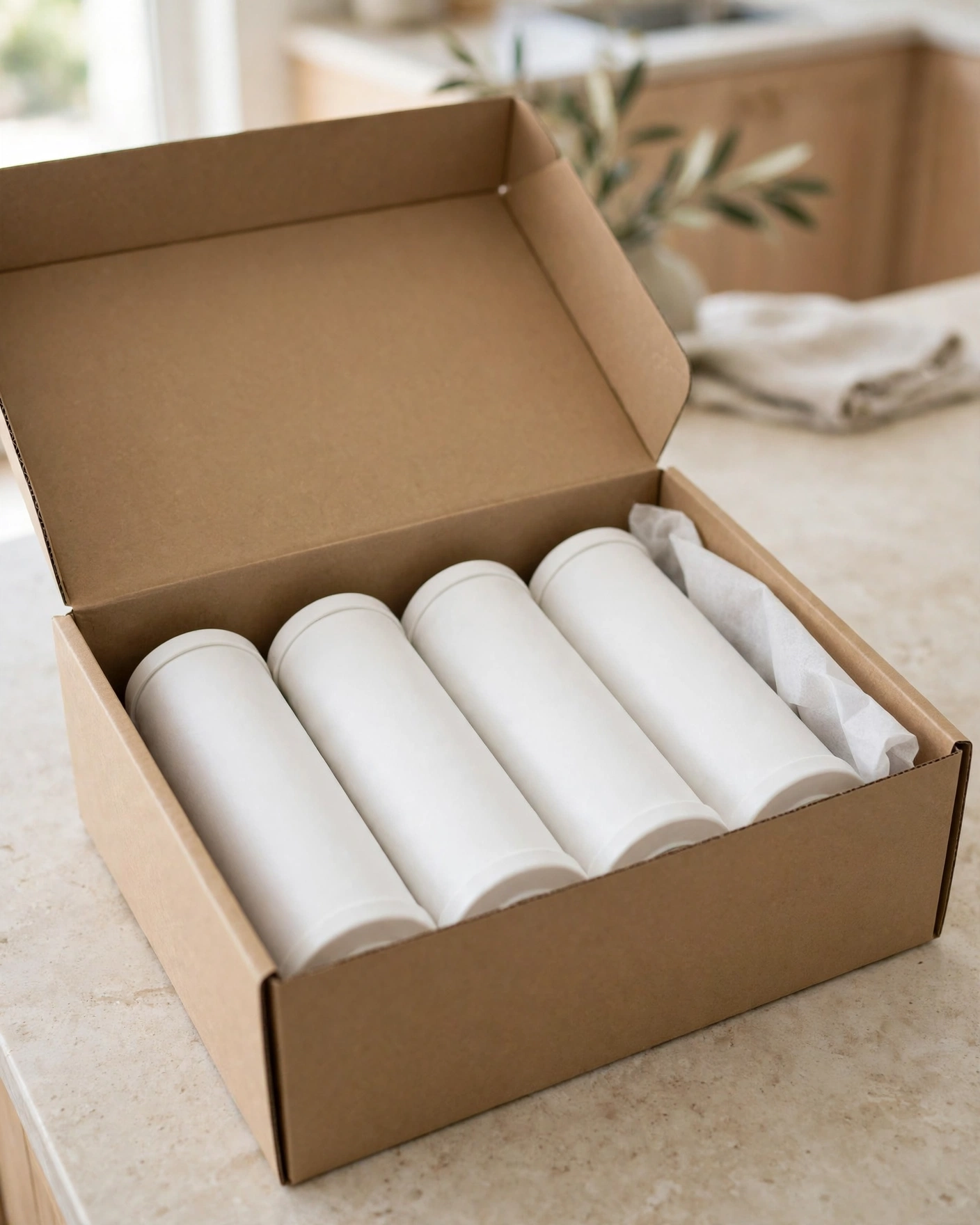 An open box with four cartridges packed in rows on a counter