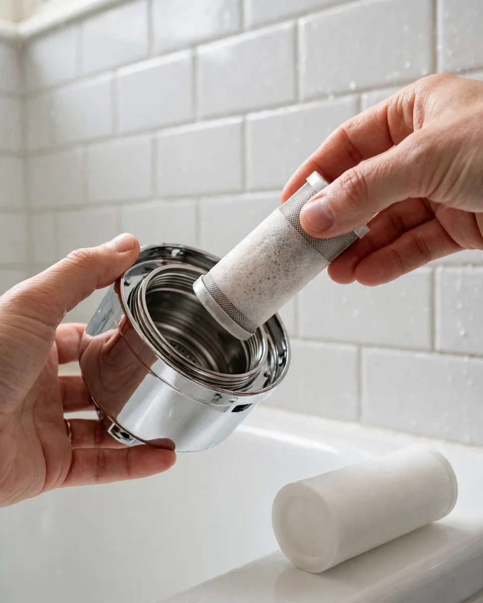 Hands swapping the cartridge inside an open chrome shower filter housing, a fresh cartridge on the tub edge