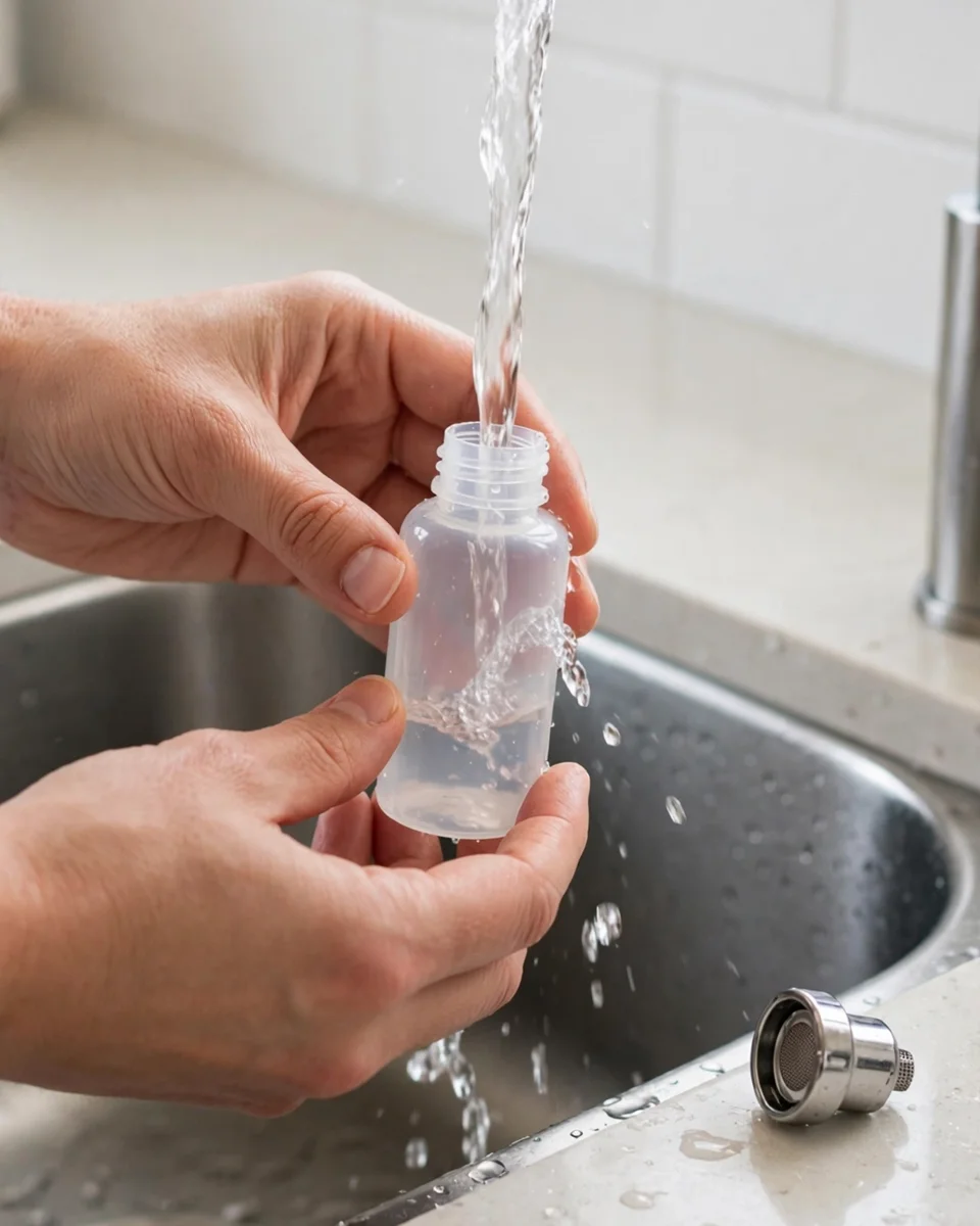 Filling a sterile sample bottle at a kitchen tap with the aerator removed — proper well water sampling technique