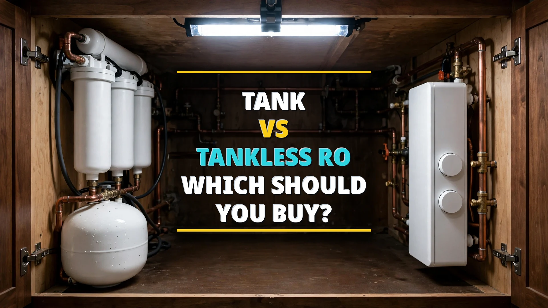 Open under-sink cabinet with a tankless RO unit beside a traditional white RO storage tank